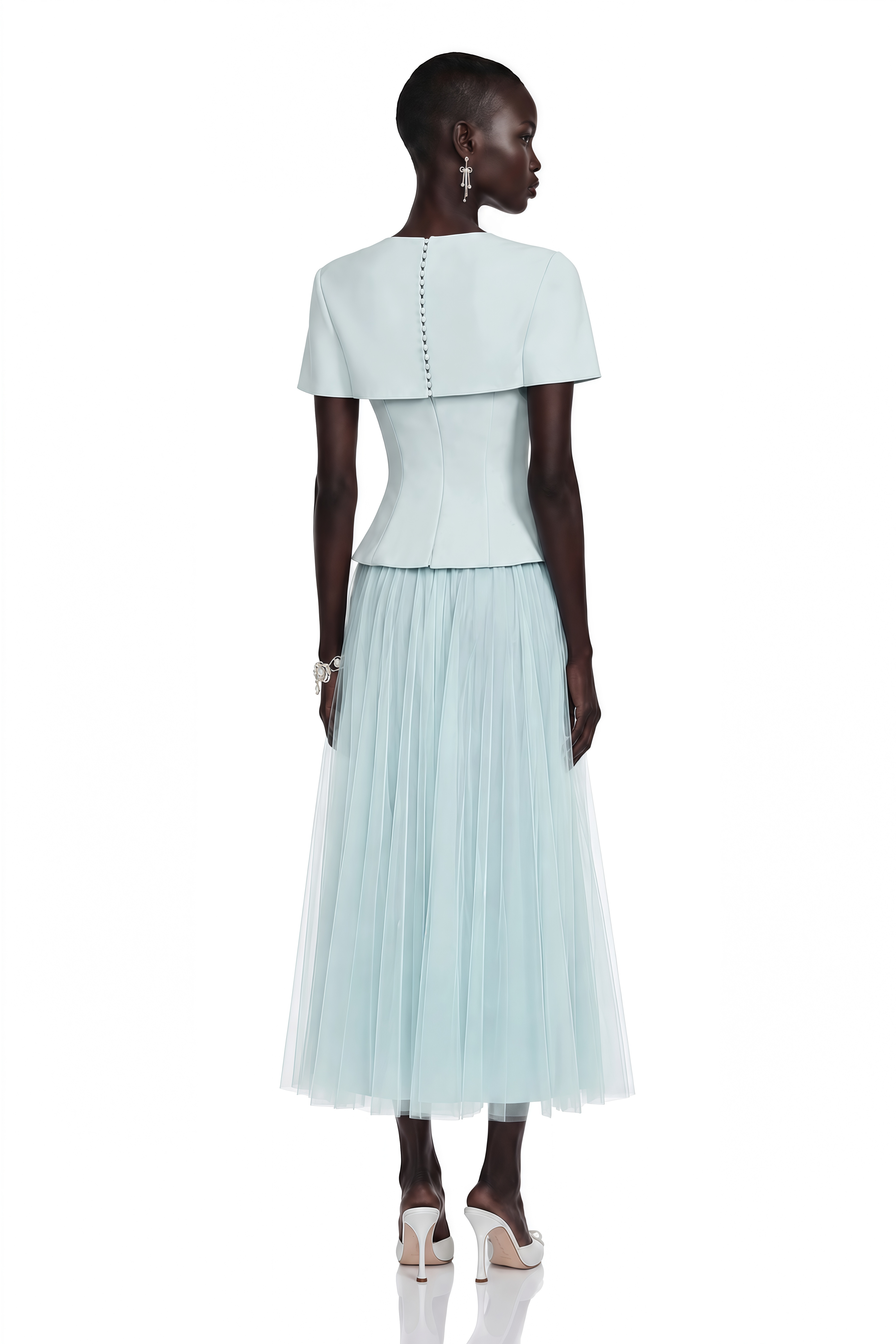 Rosalind Blue Mesh Midi Dress with Cape