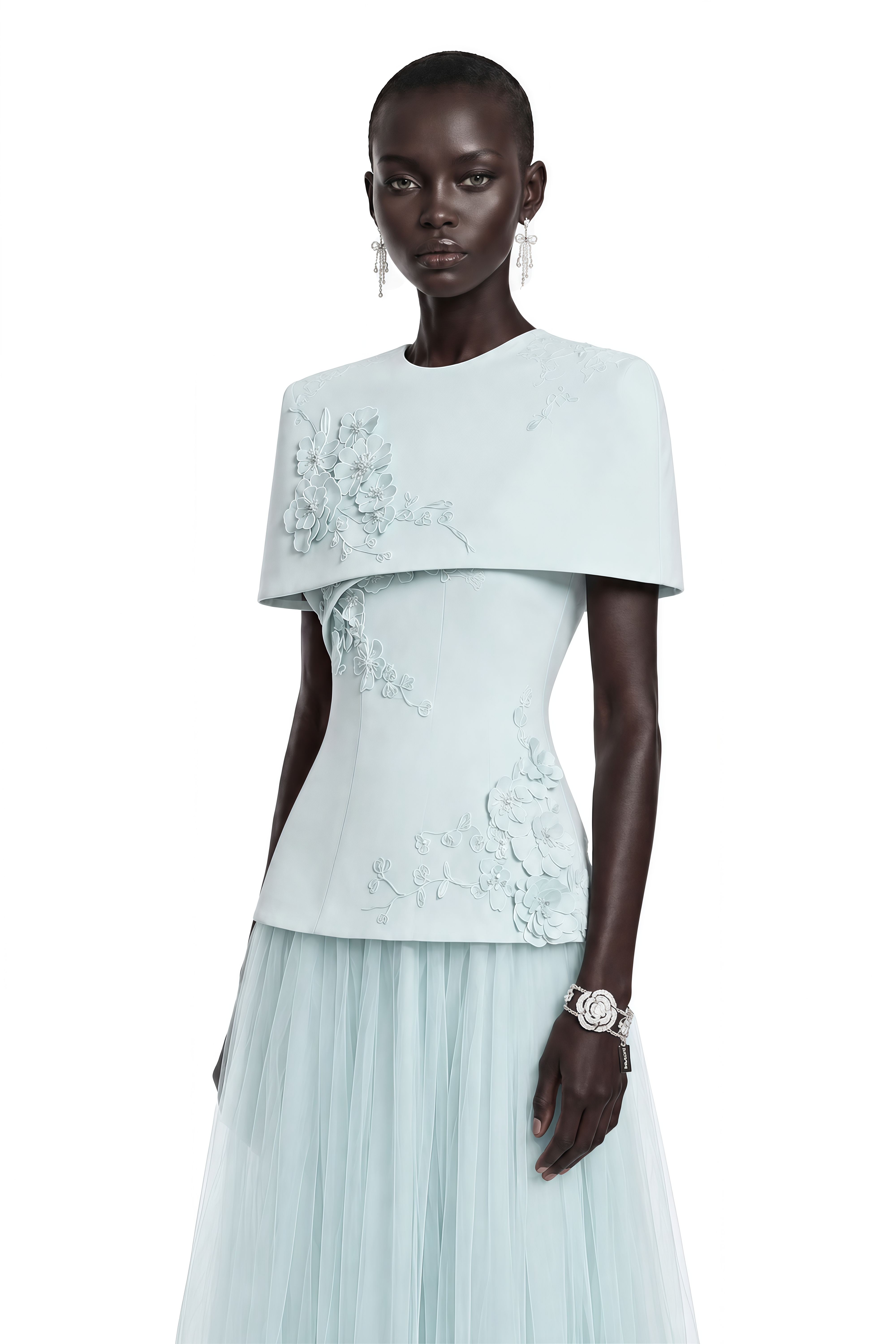 Rosalind Blue Mesh Midi Dress with Cape