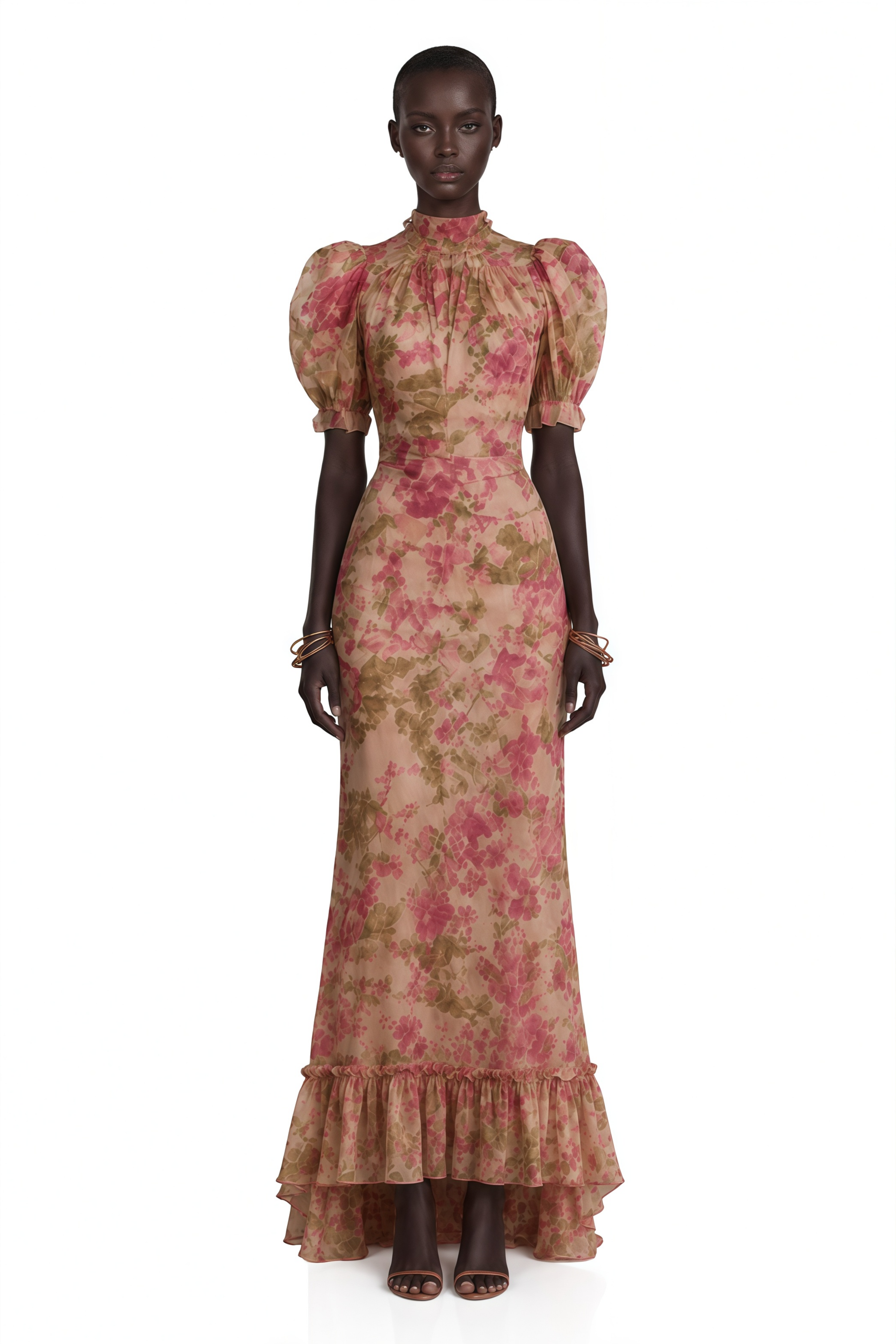 Rosalind Pink Mock Neck Puff Sleeve Floral Maxi Dress