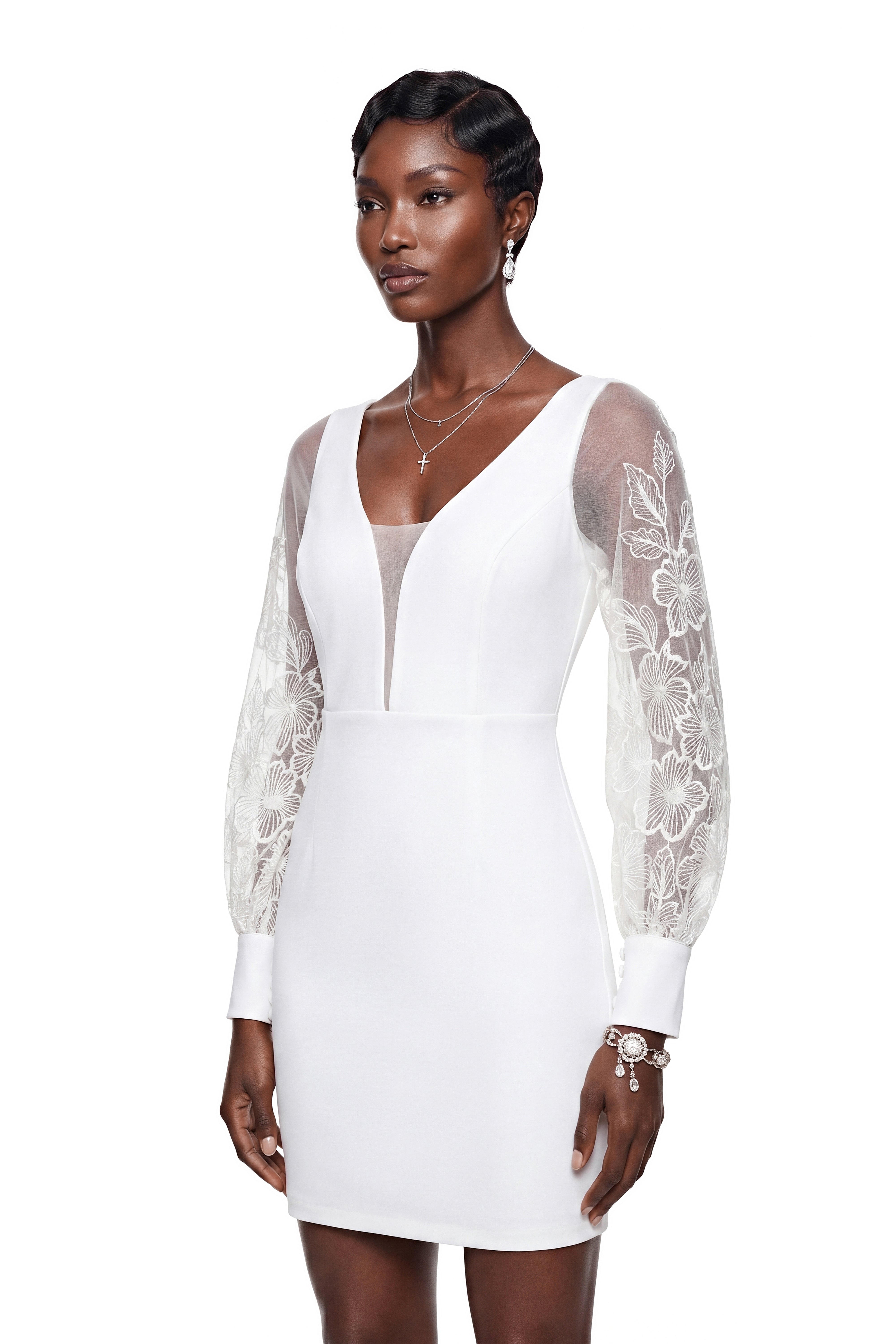 Rosalind White V-Neck Puff Sleeve Mini Dress