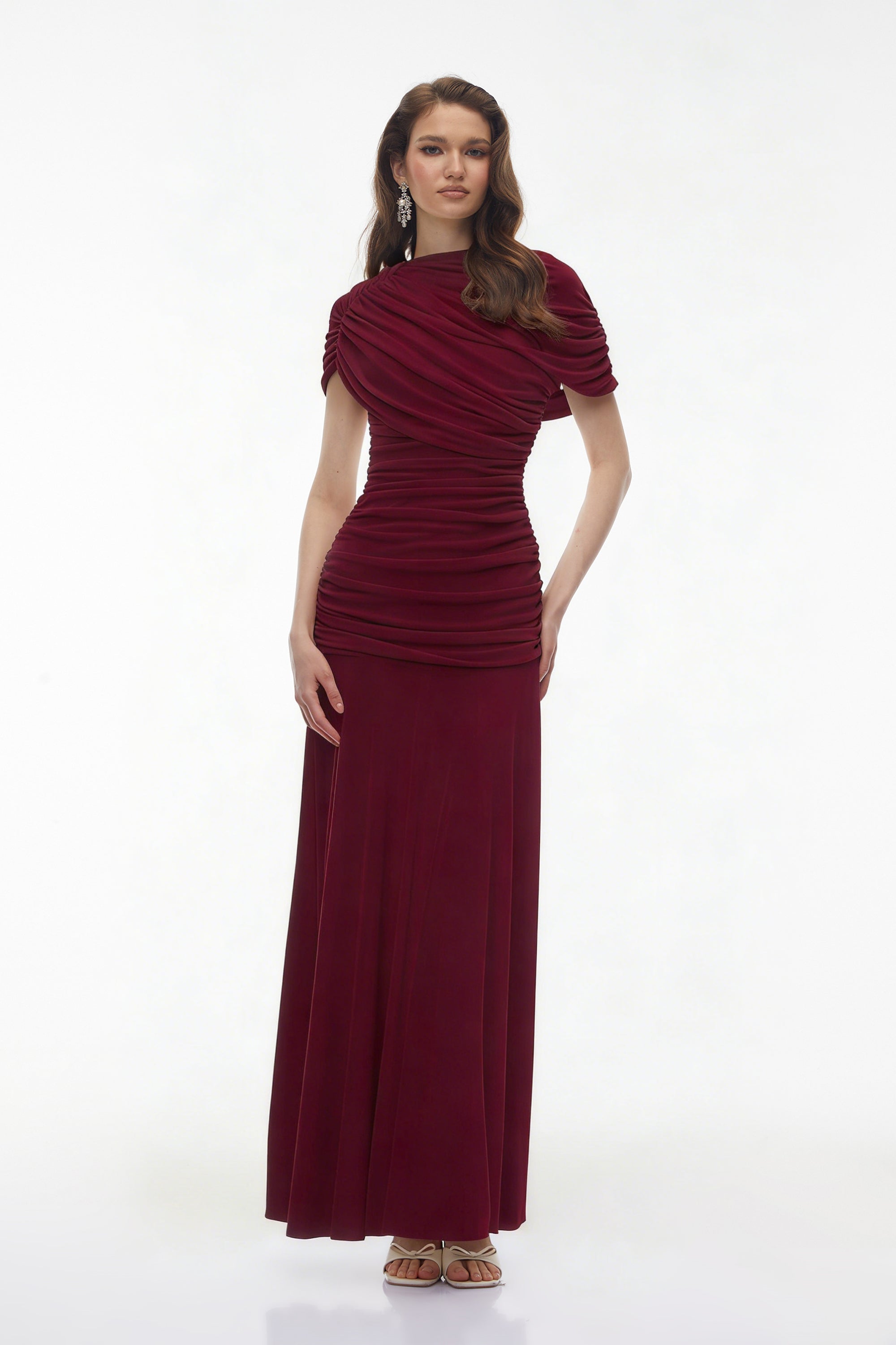 Rosalyn Red Crew Neck Ruched Maxi Dress