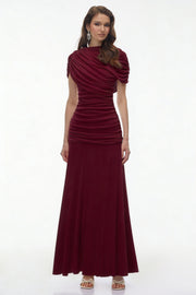 Rosalyn Red Crew Neck Ruched Maxi Dress