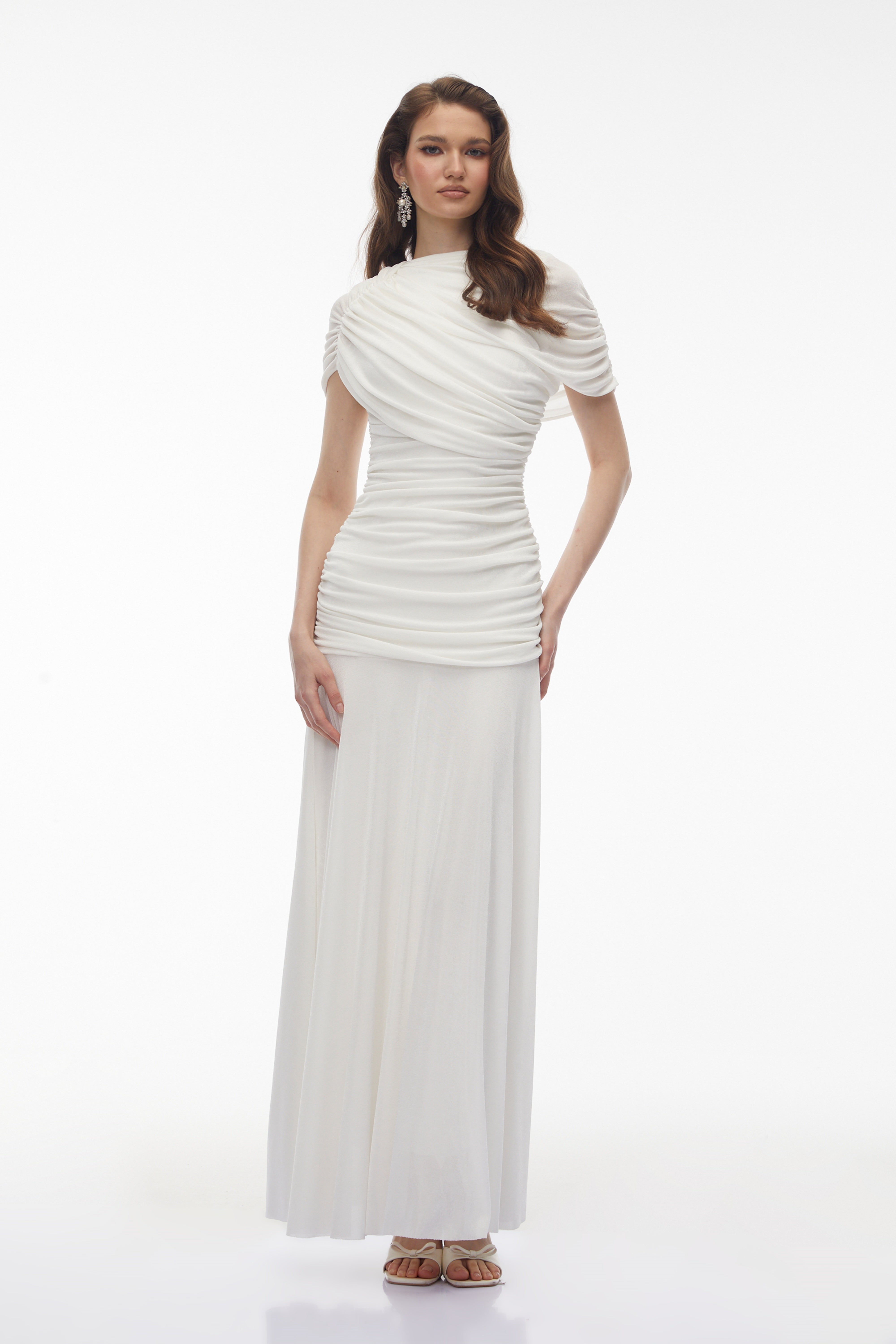 Rosalyn White Crew Neck Ruched Maxi Dress