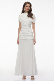 Rosalyn White Crew Neck Ruched Maxi Dress