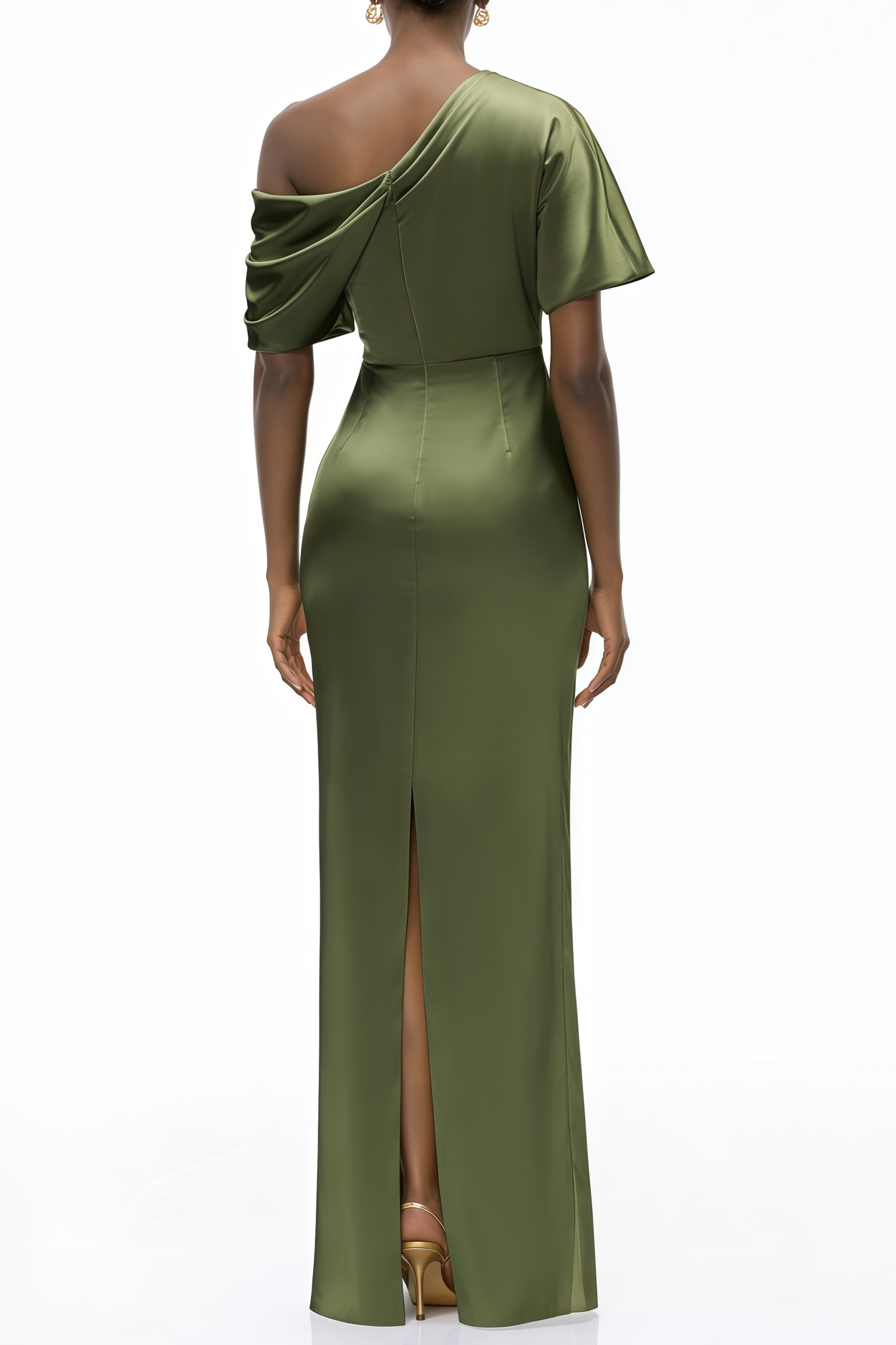 Roshan Emerald Green One Shoulder Satin Maxi Dress