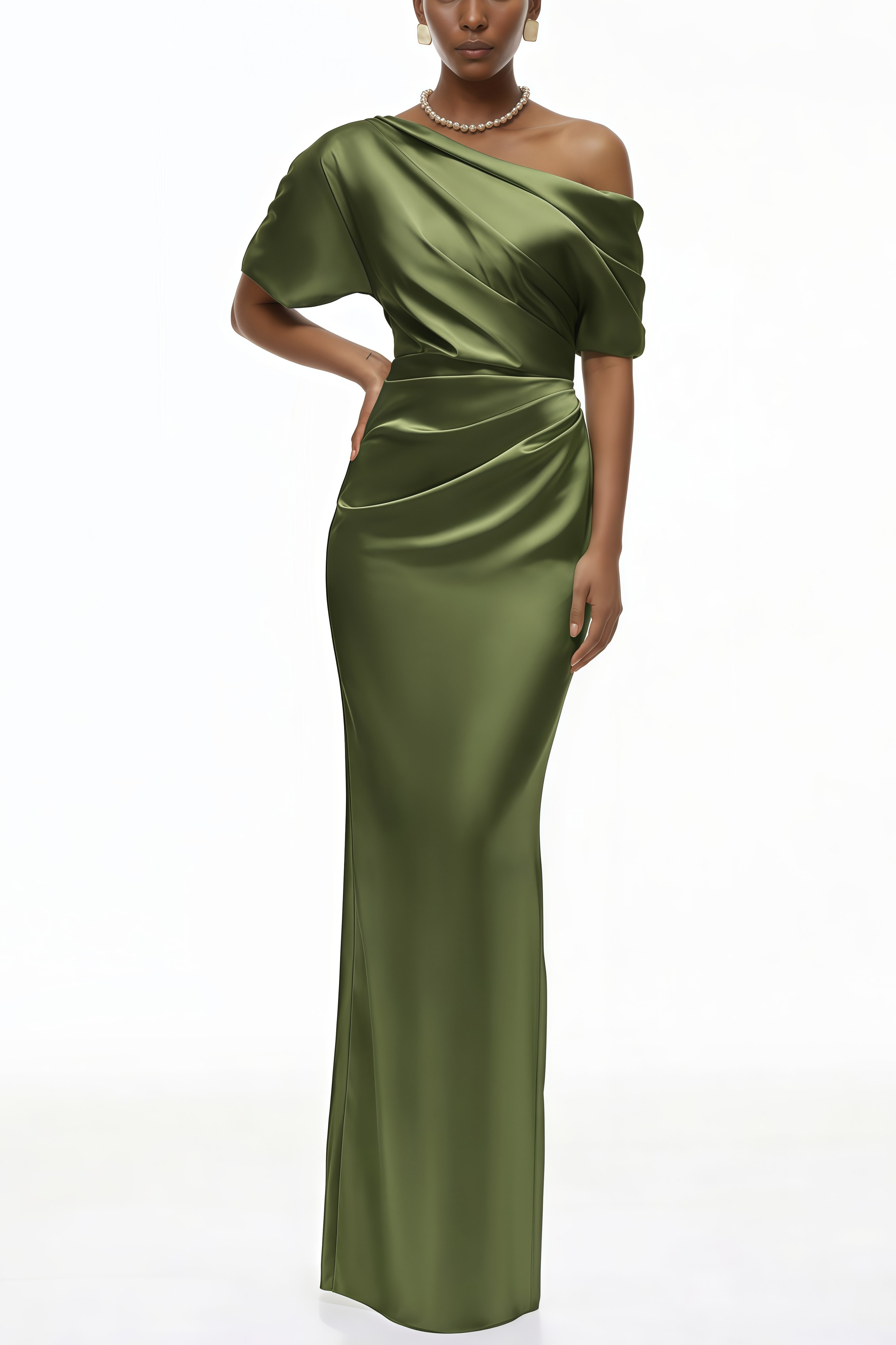 Roshan Emerald Green One Shoulder Satin Maxi Dress