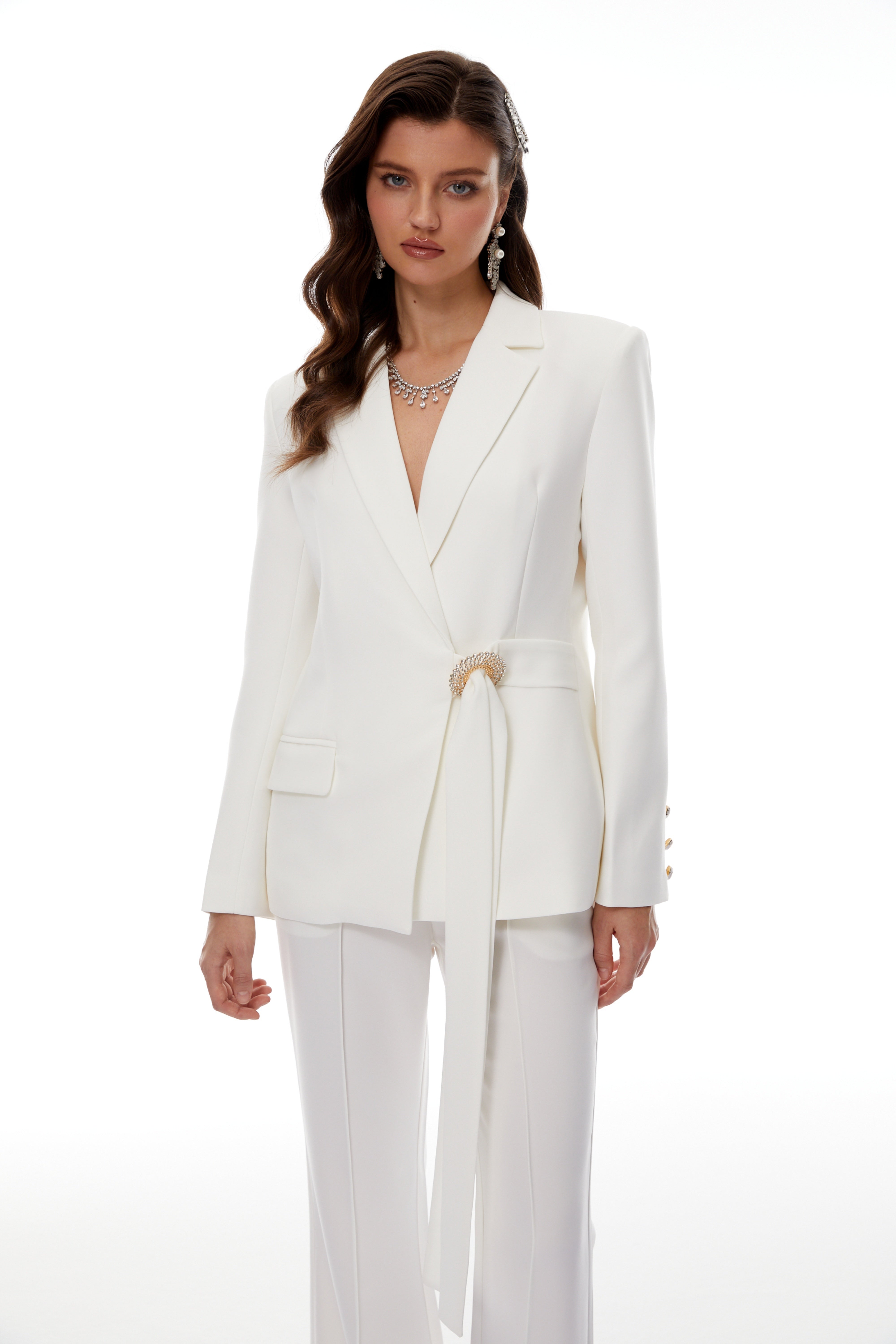 Roswitha White Belt Waist Blazer & Trouser Set