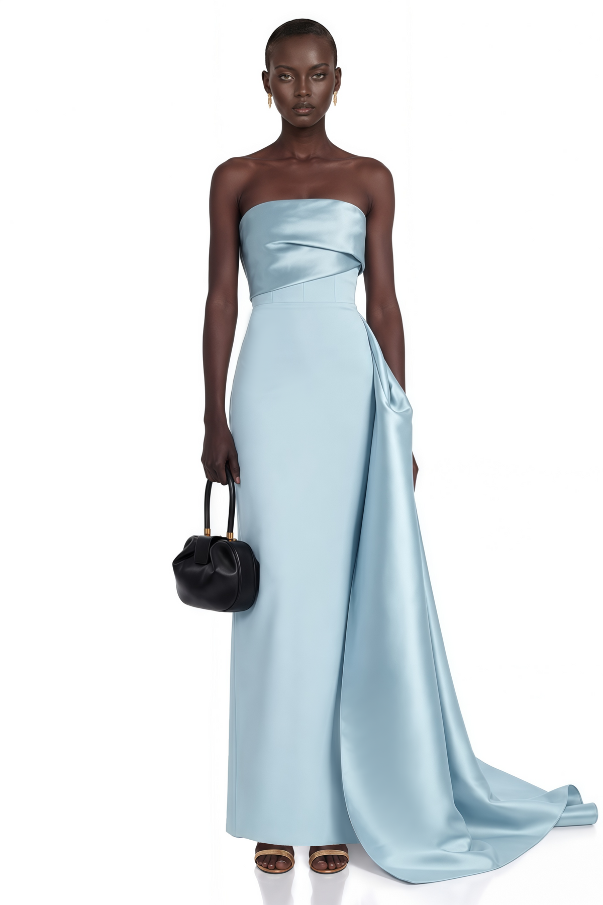 Roxanne blue strapless draped satin maxi dress