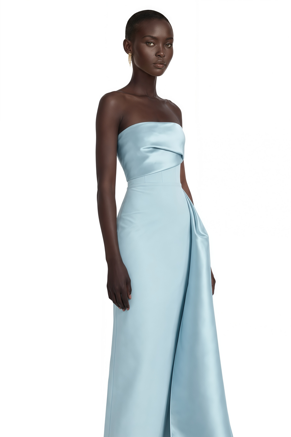 Roxanne blue strapless draped satin maxi dress