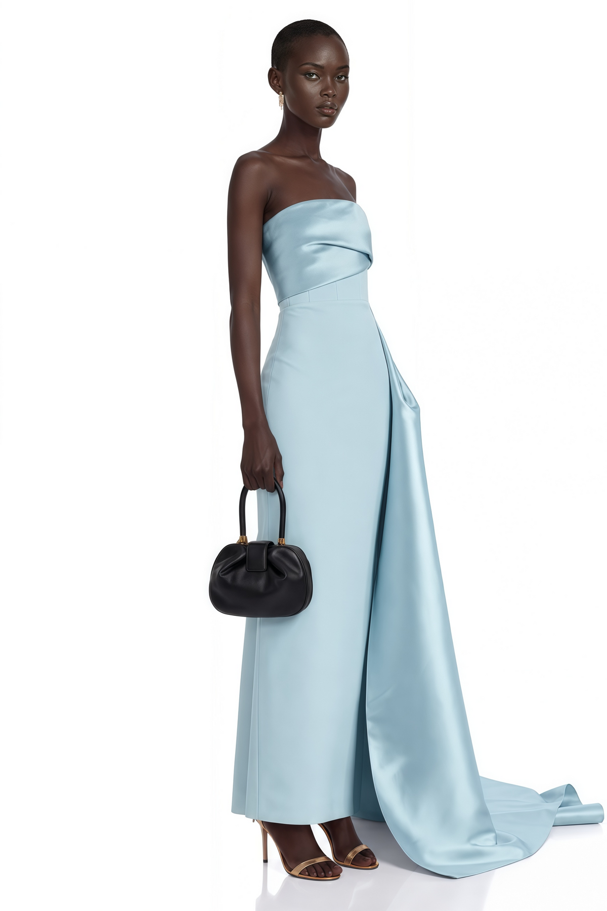Roxanne blue strapless draped satin maxi dress