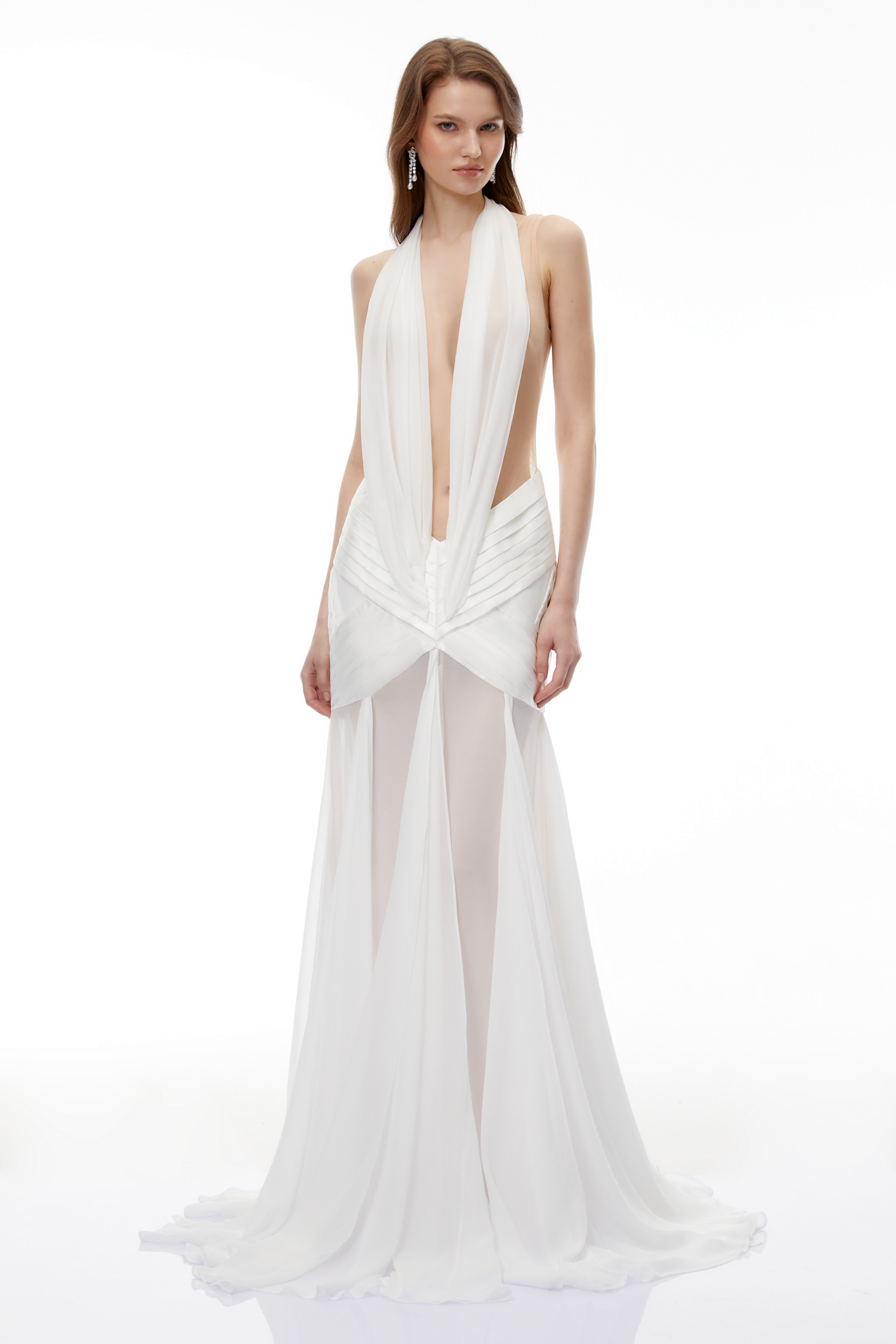 Ruan White Semi-Sheer Ruched Maxi Dress