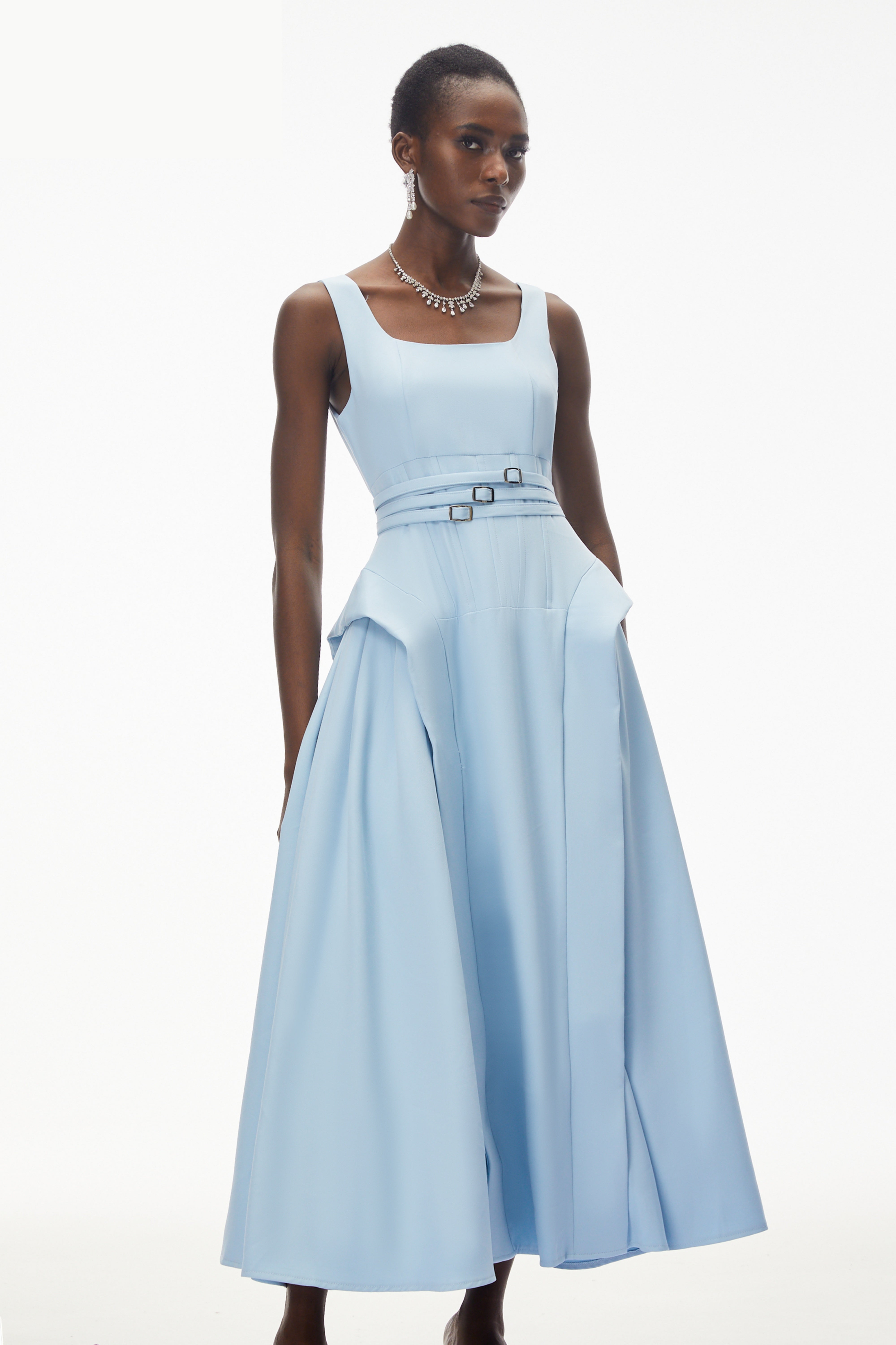 Ruby Sky Blue Ruffled Ruched Maxi Dress