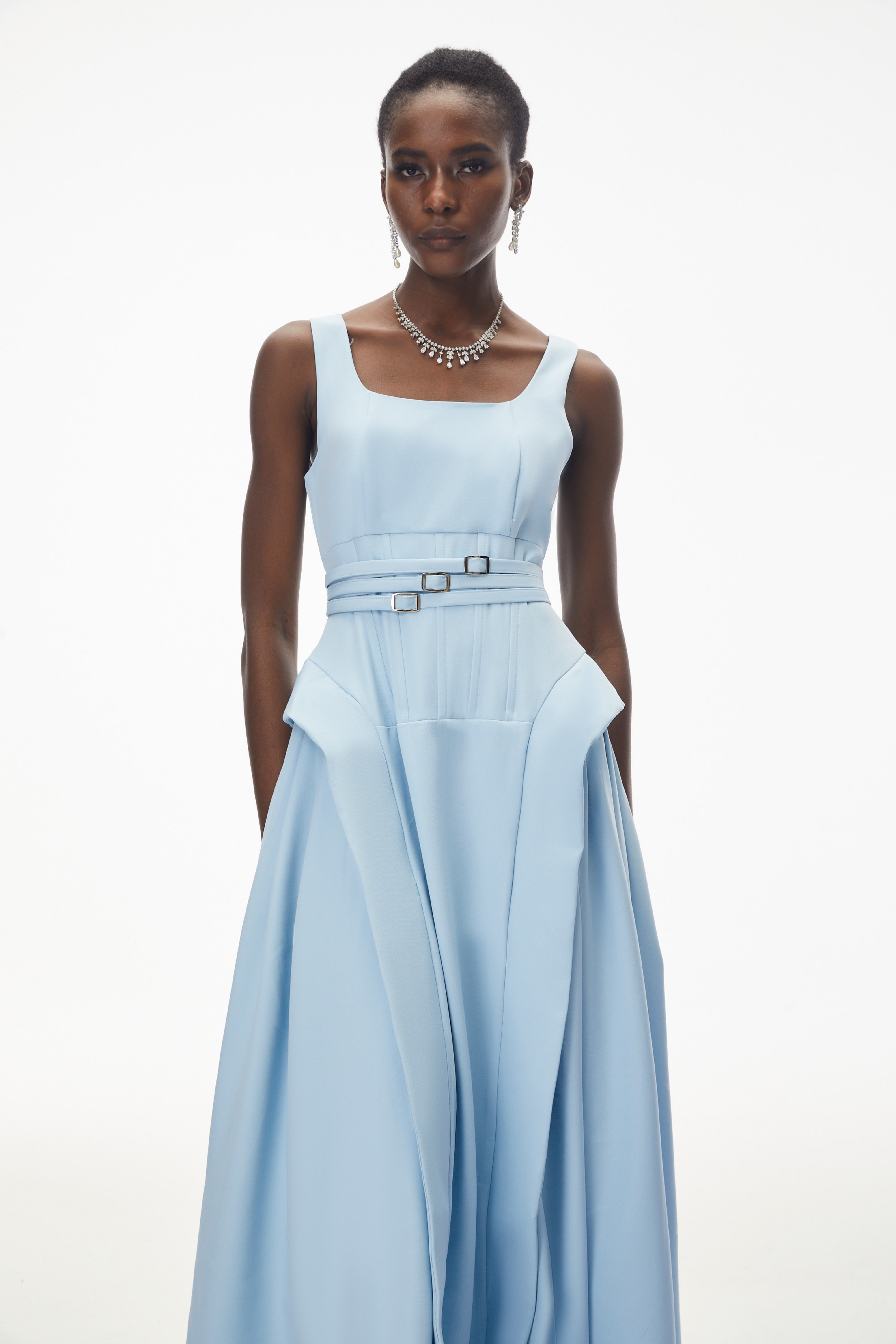 Ruby Sky Blue Ruffled Ruched Maxi Dress