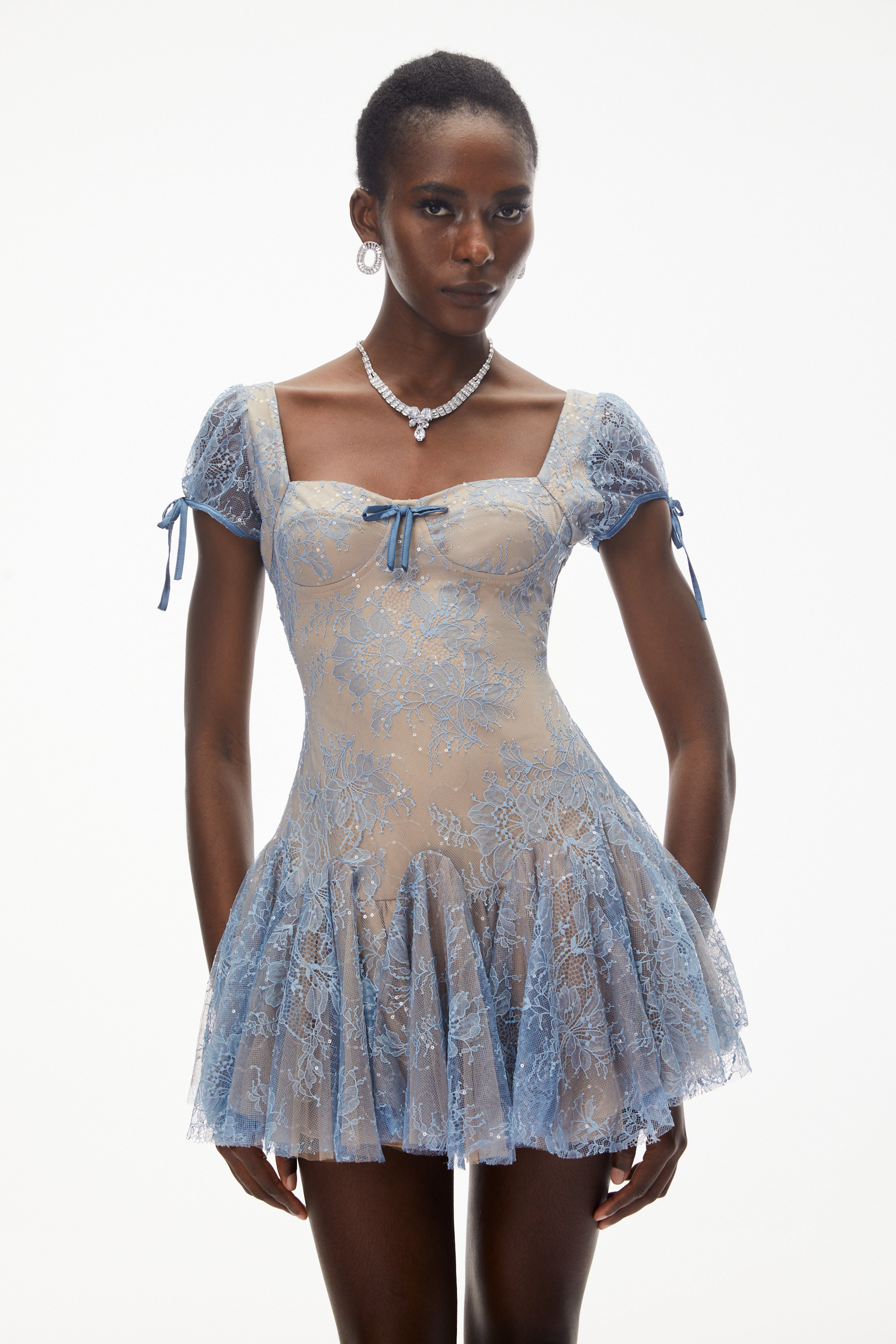 Ruslana Dusty Blue Ruched Lace Mini Dress