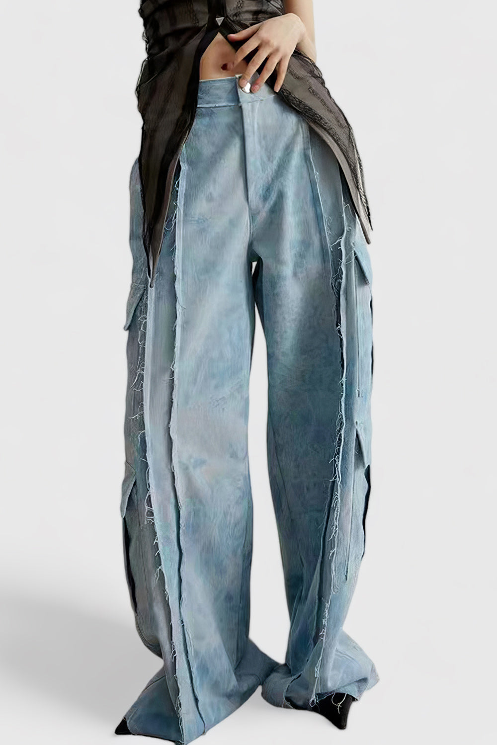 Wide Leg Jeans with Stitching - Blue