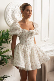 Floral Mini Dress With Puff Sleeves And 3D Rose Detail - White/Pink