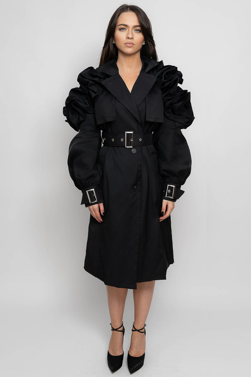 MADISON Ruffled Trench Coat - Black