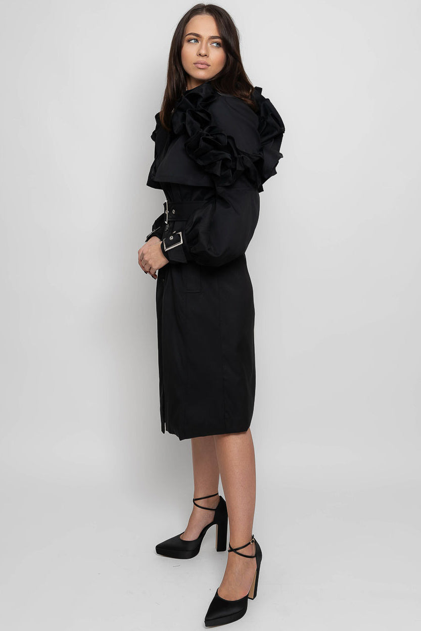 MADISON Ruffled Trench Coat - Black