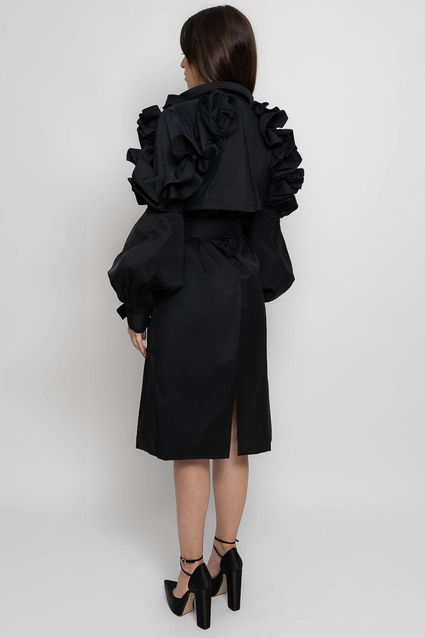 MADISON Ruffled Trench Coat - Black