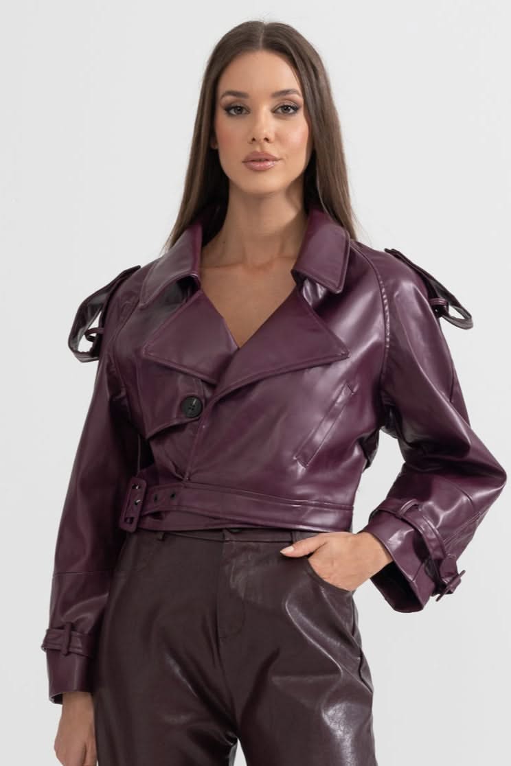 Double Breasted Vegan Leather Jacket - Burgundy