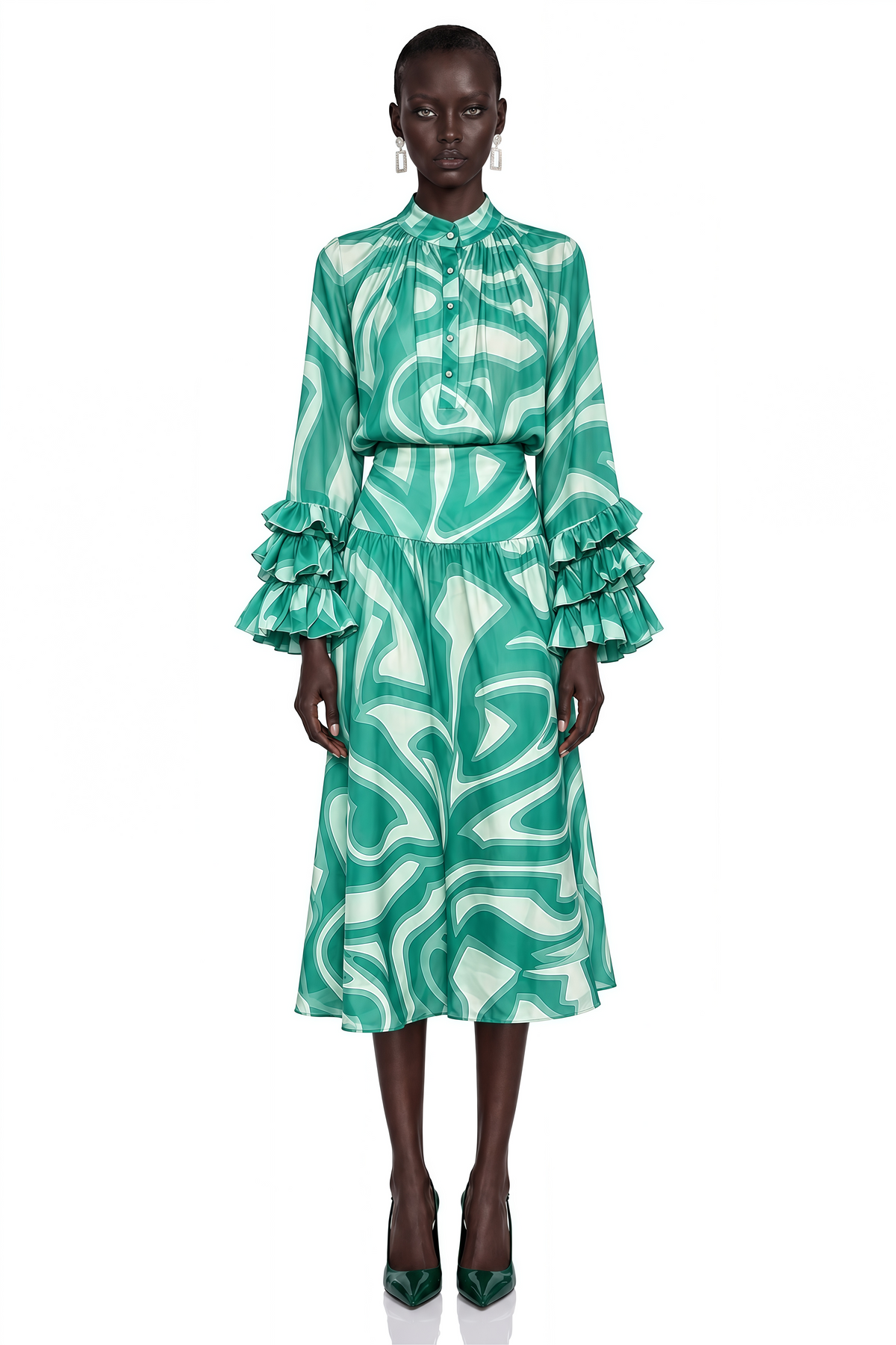 sabine green abstract print long sleeve blouse & midi skirt set