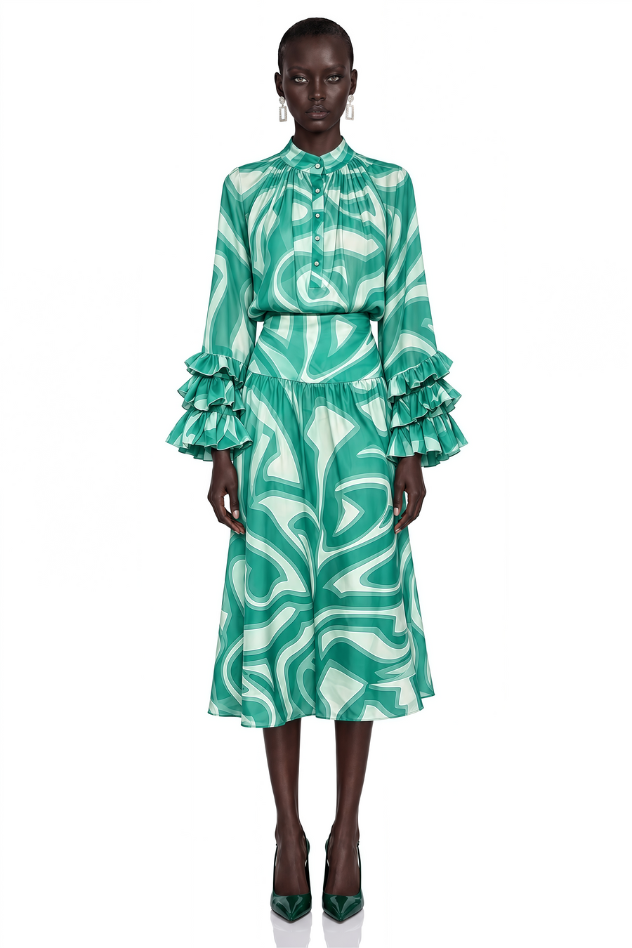 sabine green abstract print long sleeve blouse & midi skirt set