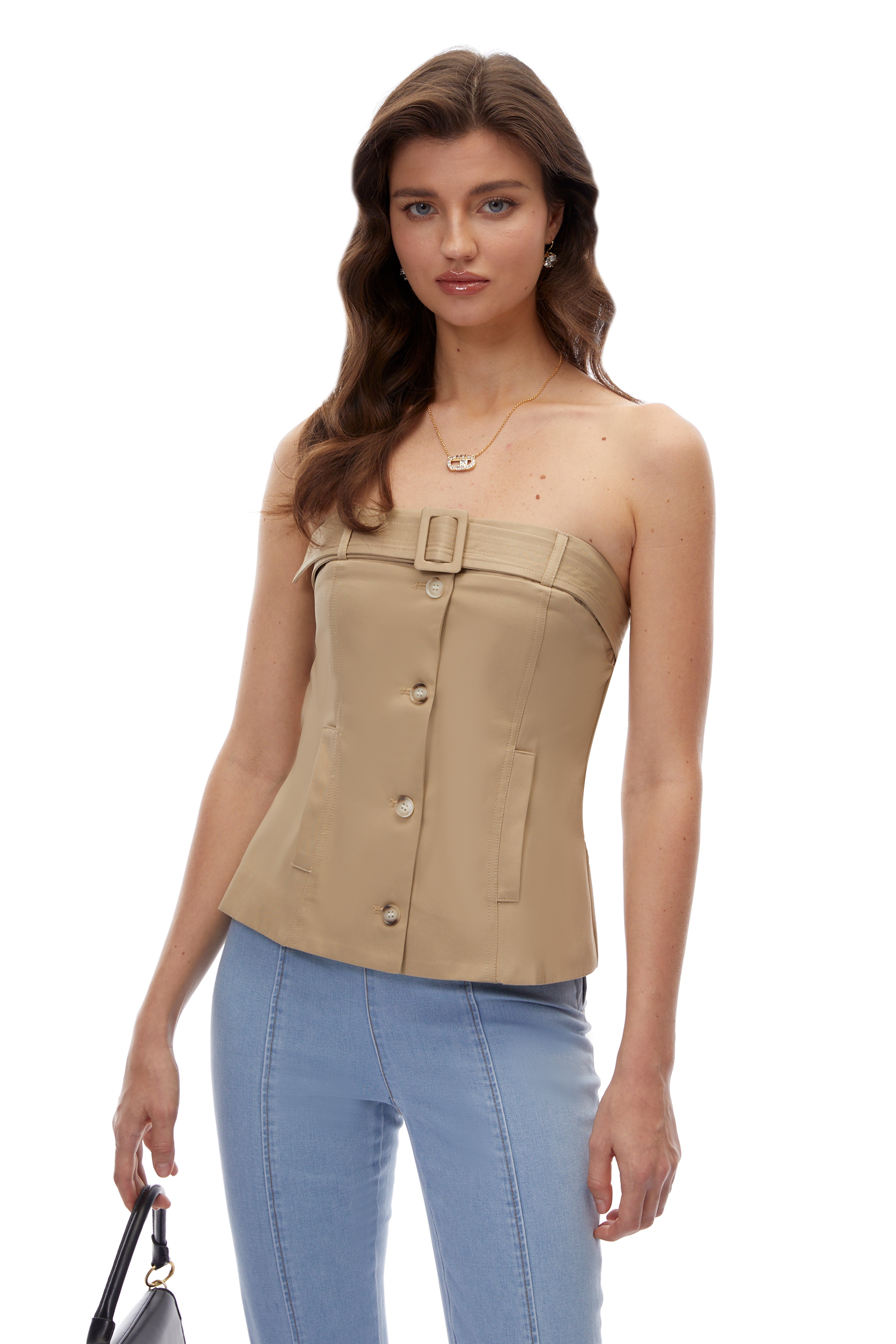 Sabrina Khaki Strapless Button Down Top
