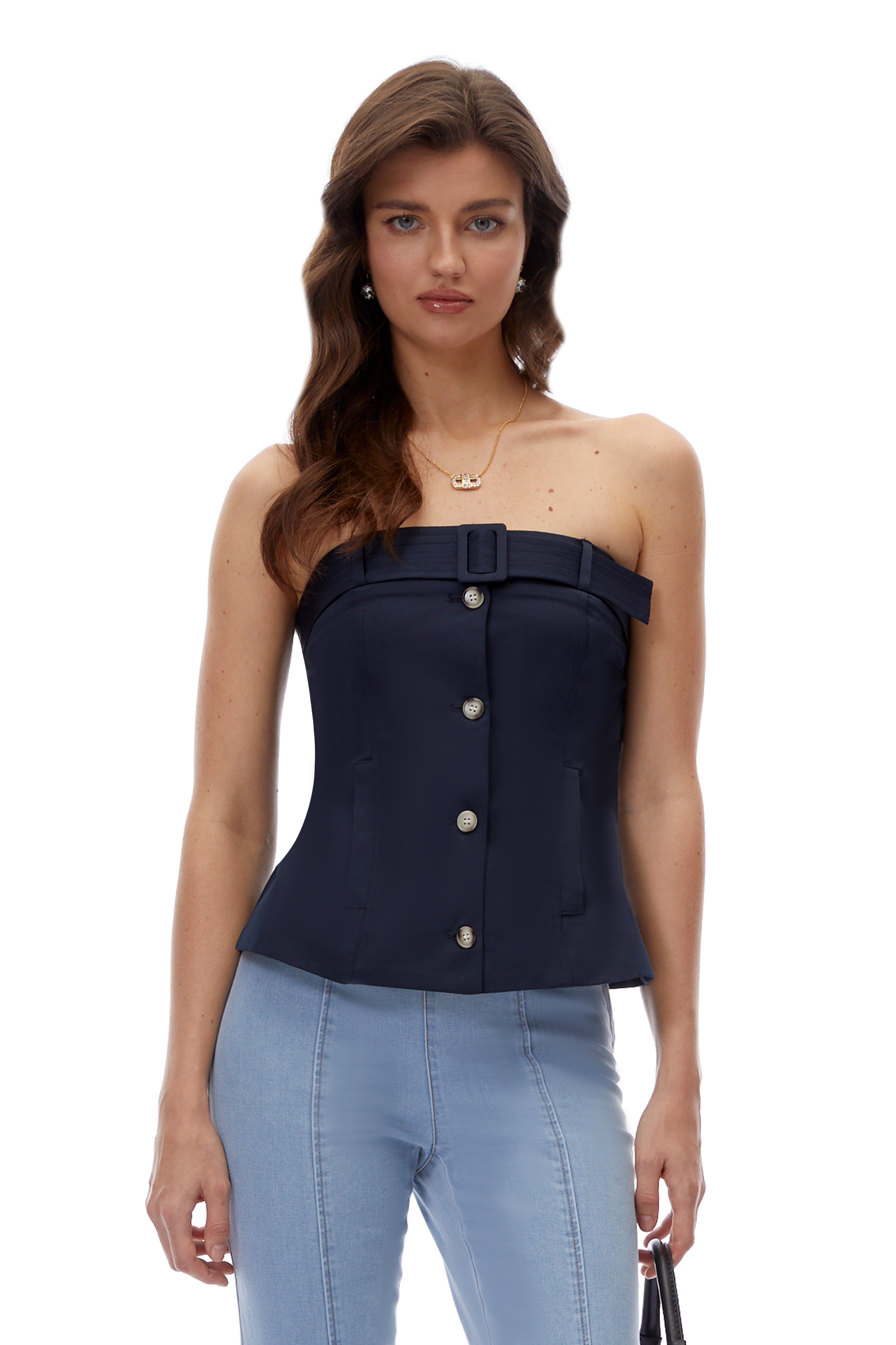 Sabrina Navy Blue Strapless Button Down Top
