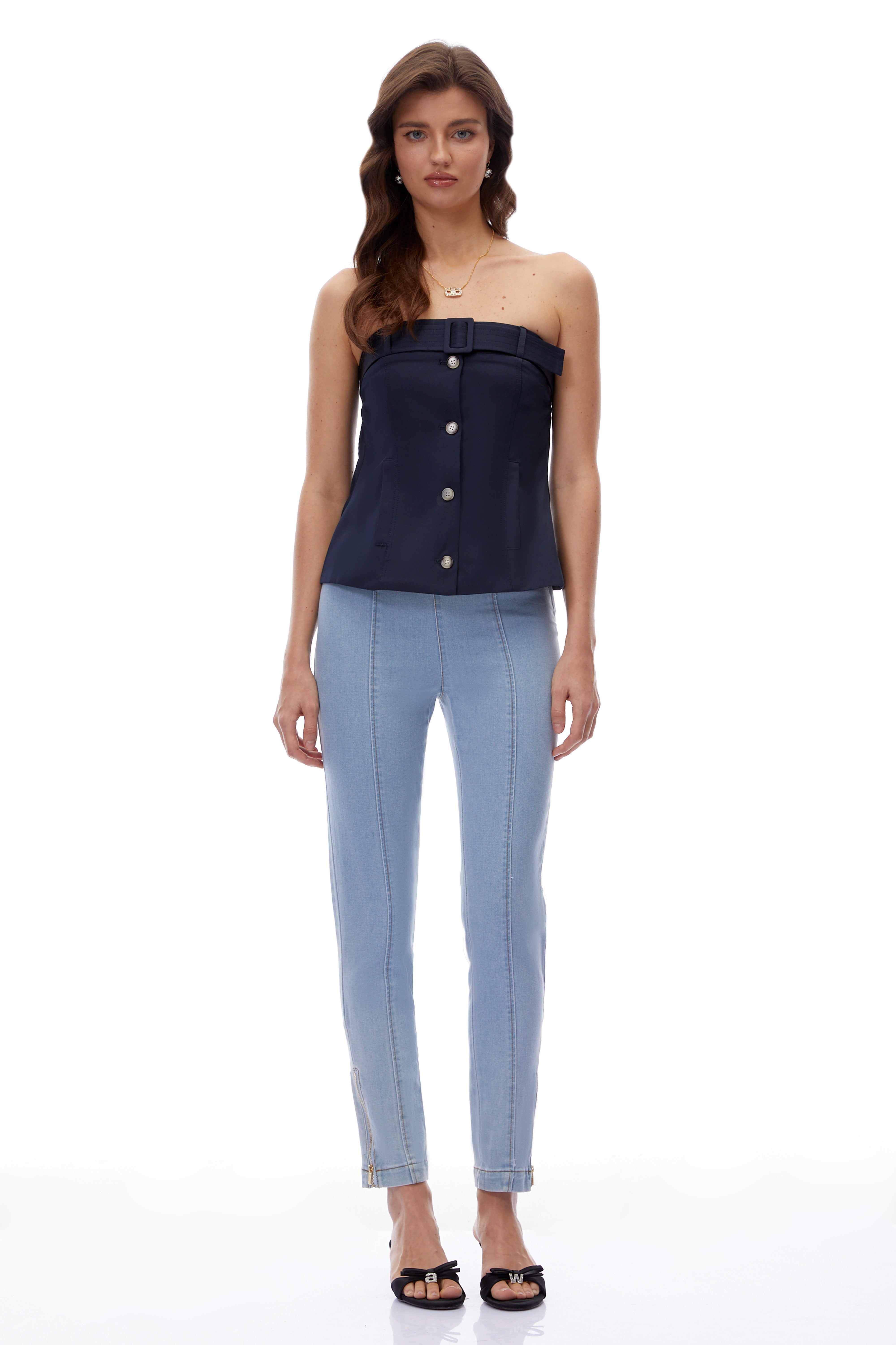 Sabrina Navy Blue Strapless Button Down Top