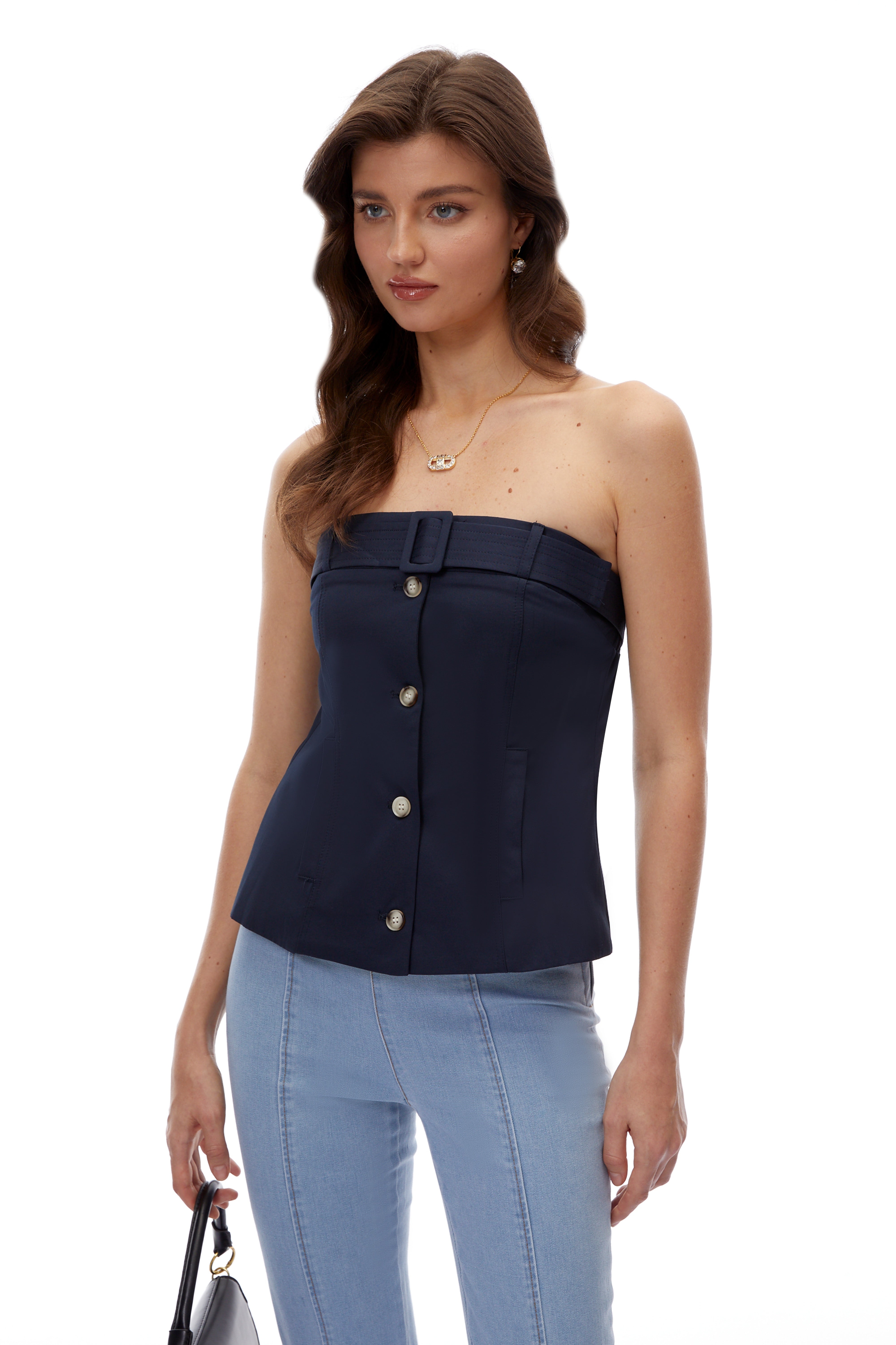 Sabrina Navy Blue Strapless Button Down Top