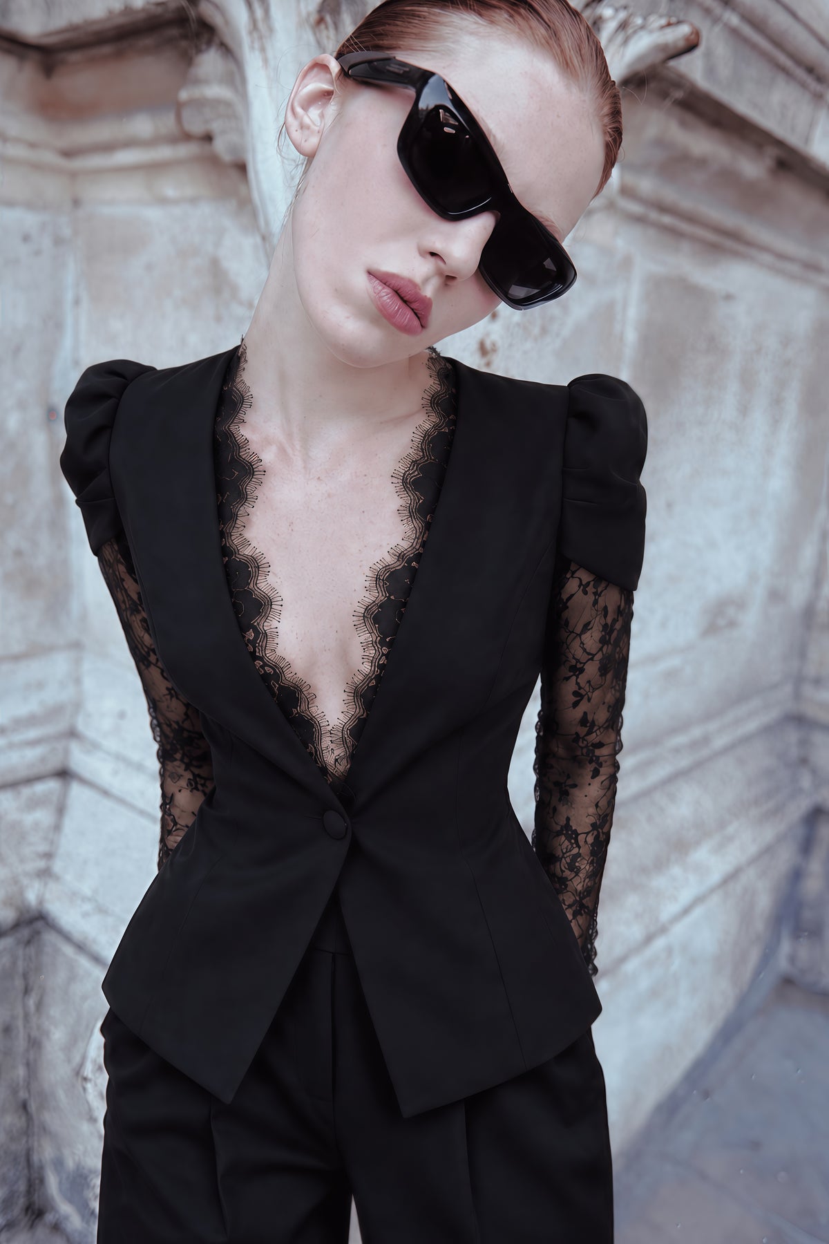 saffron black collarless blazer with lace trim