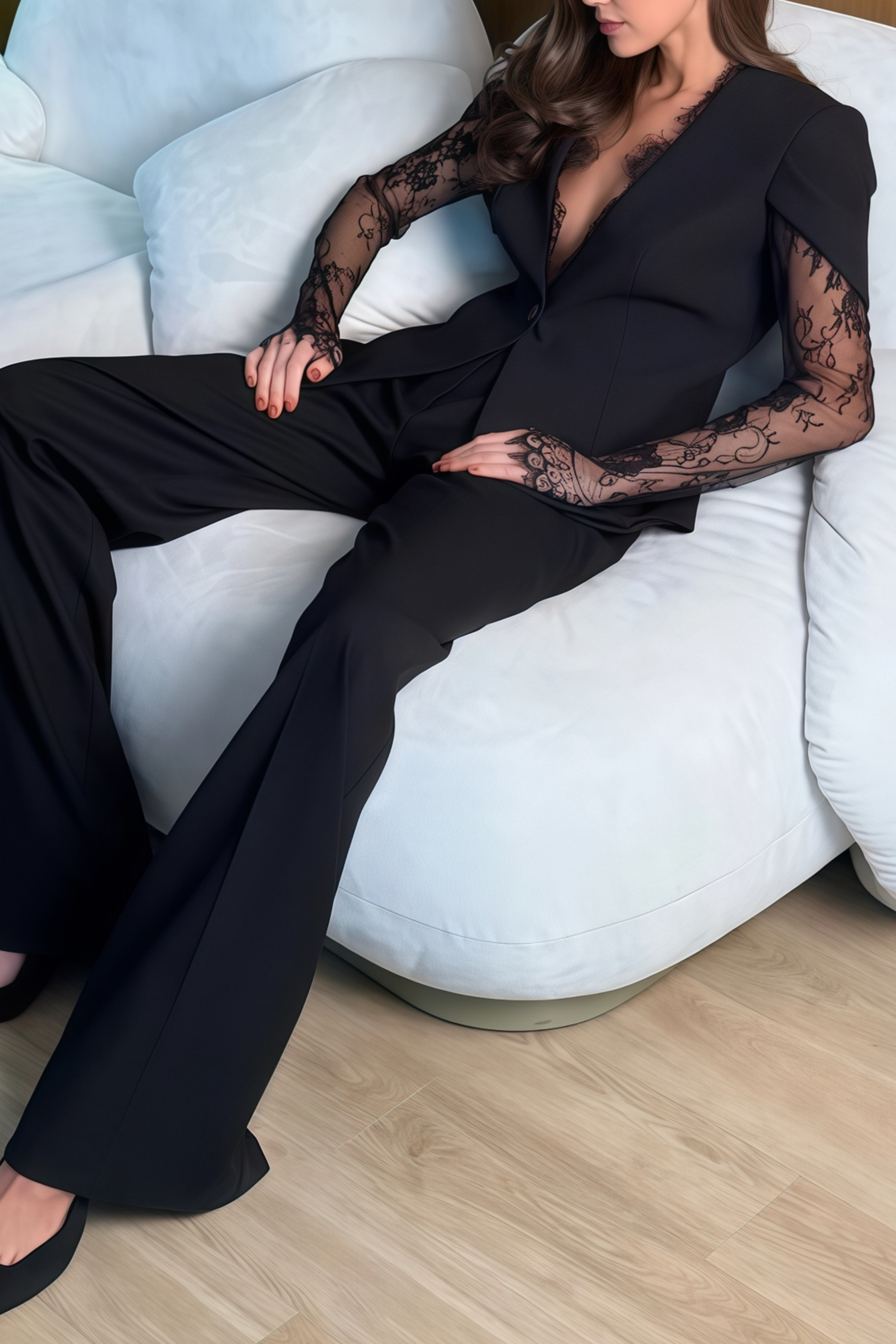 Saffron Black Collarless Blazer with Lace Trim