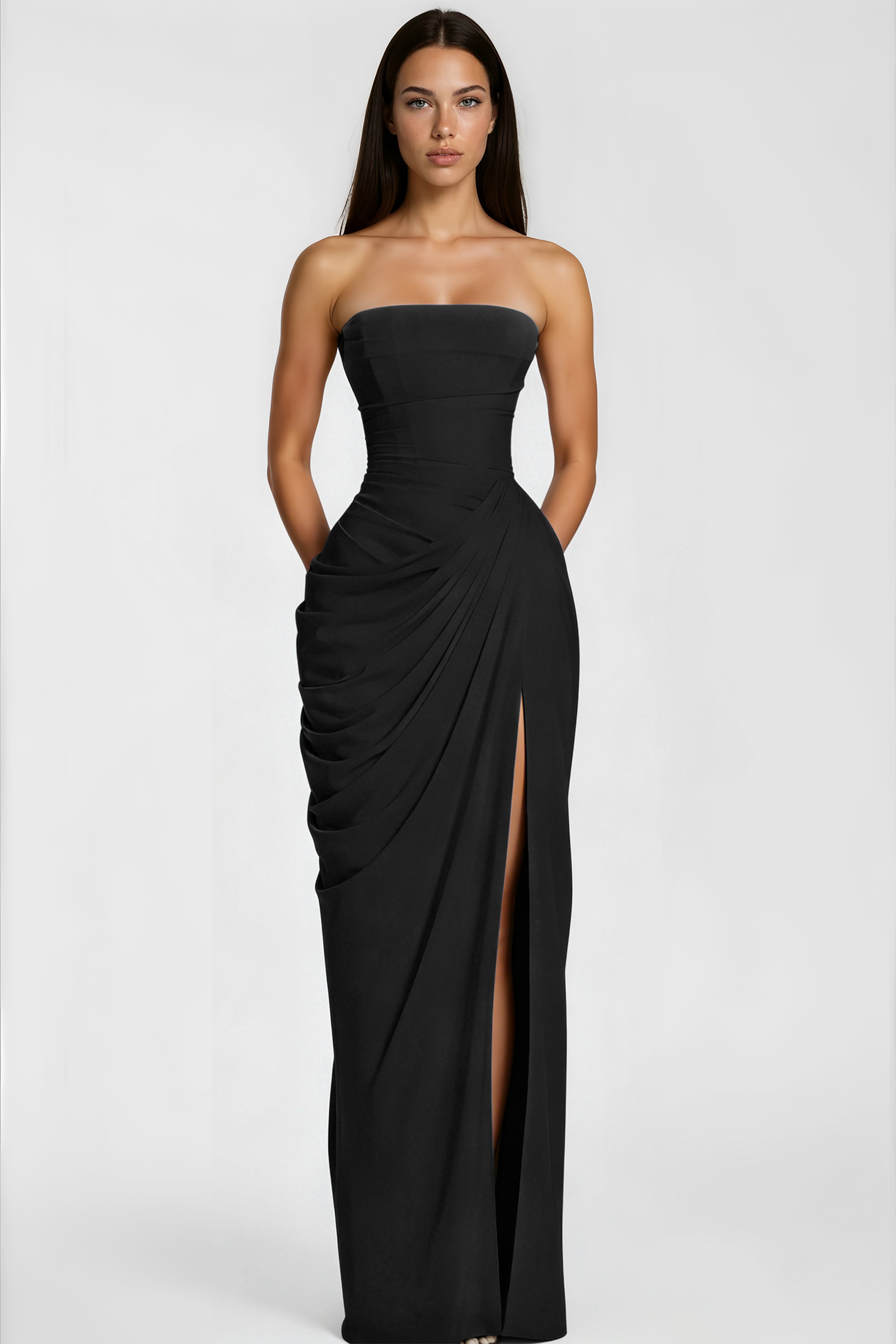Safiya Black Ruched Maxi Dress with Cross Front