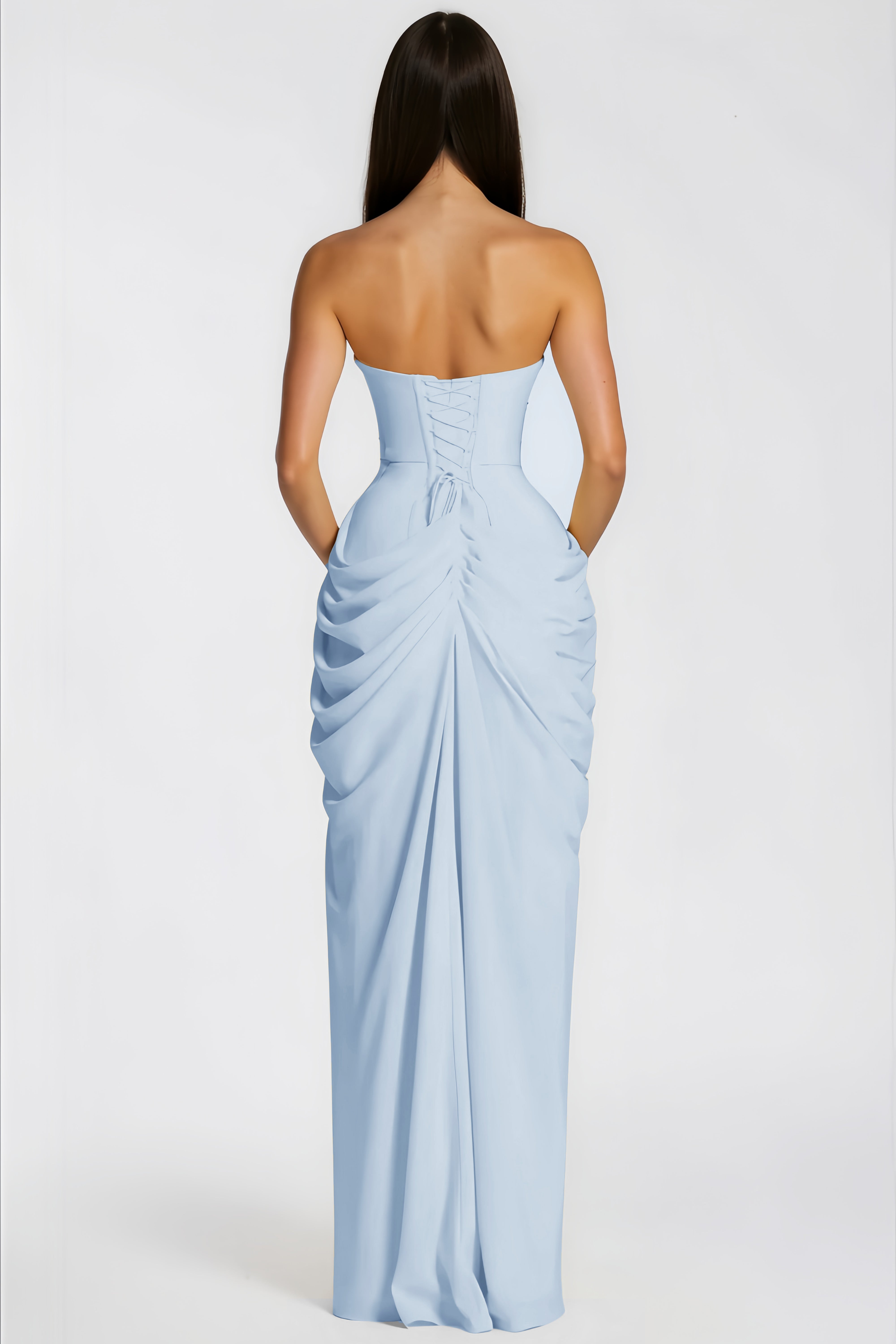 Safiya Blue Ruched Maxi Dress with Cross Front