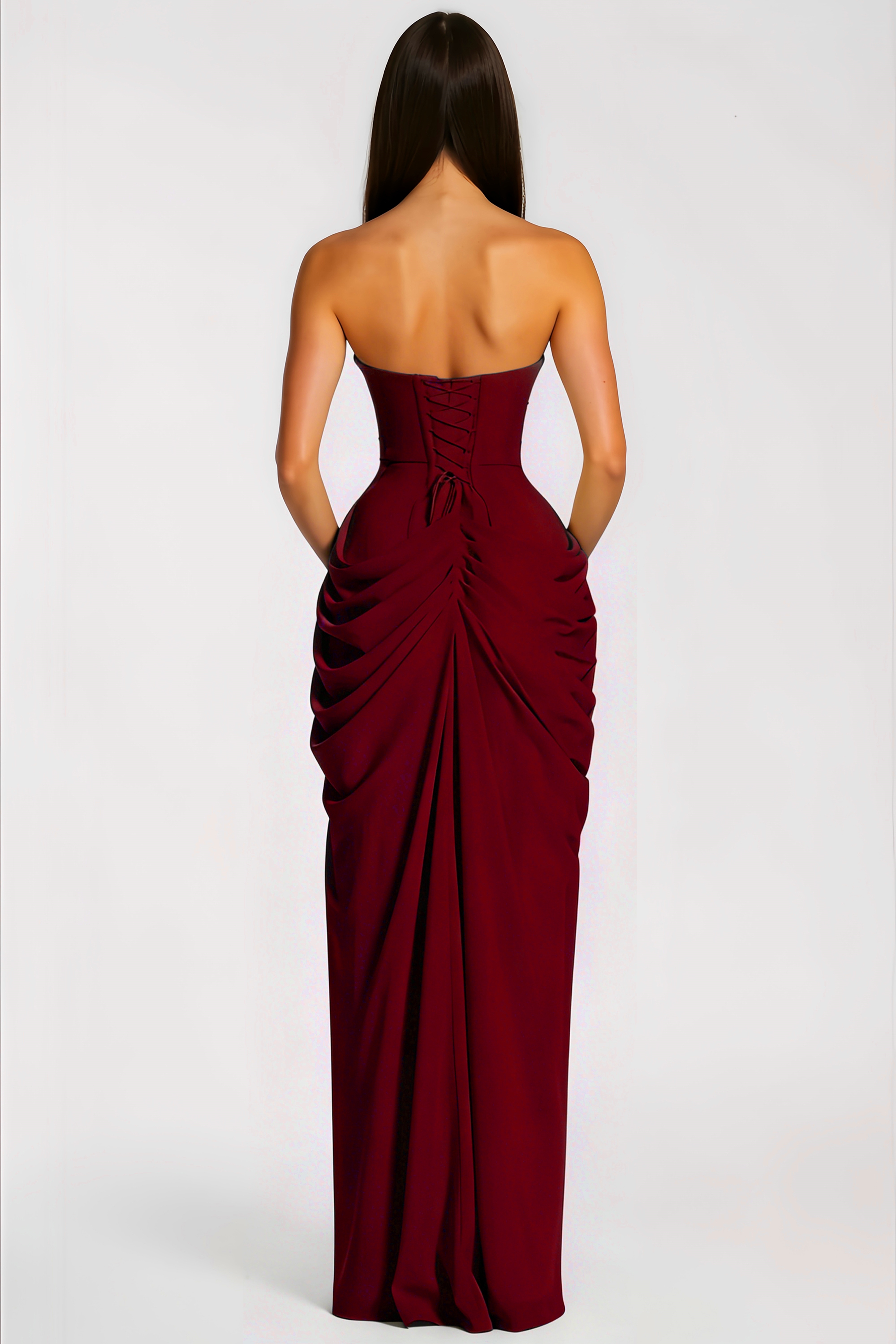 Safiya Burgundy Ruched Maxi Dress with Cross Front