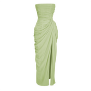Safiya Green Ruched Maxi Dress with Cross Front