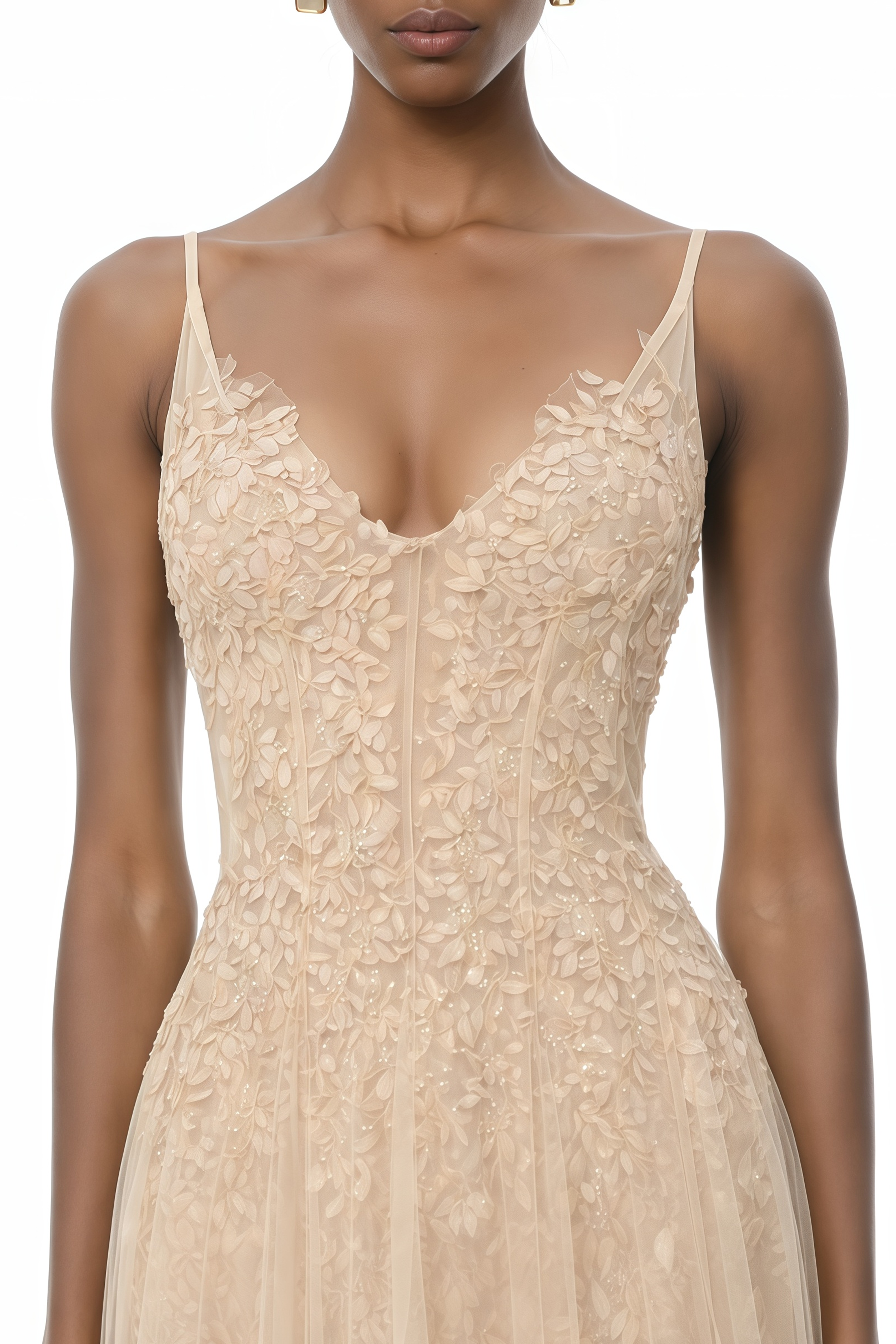 Saga Neutral Pleated Maxi Dress with 3D Petals