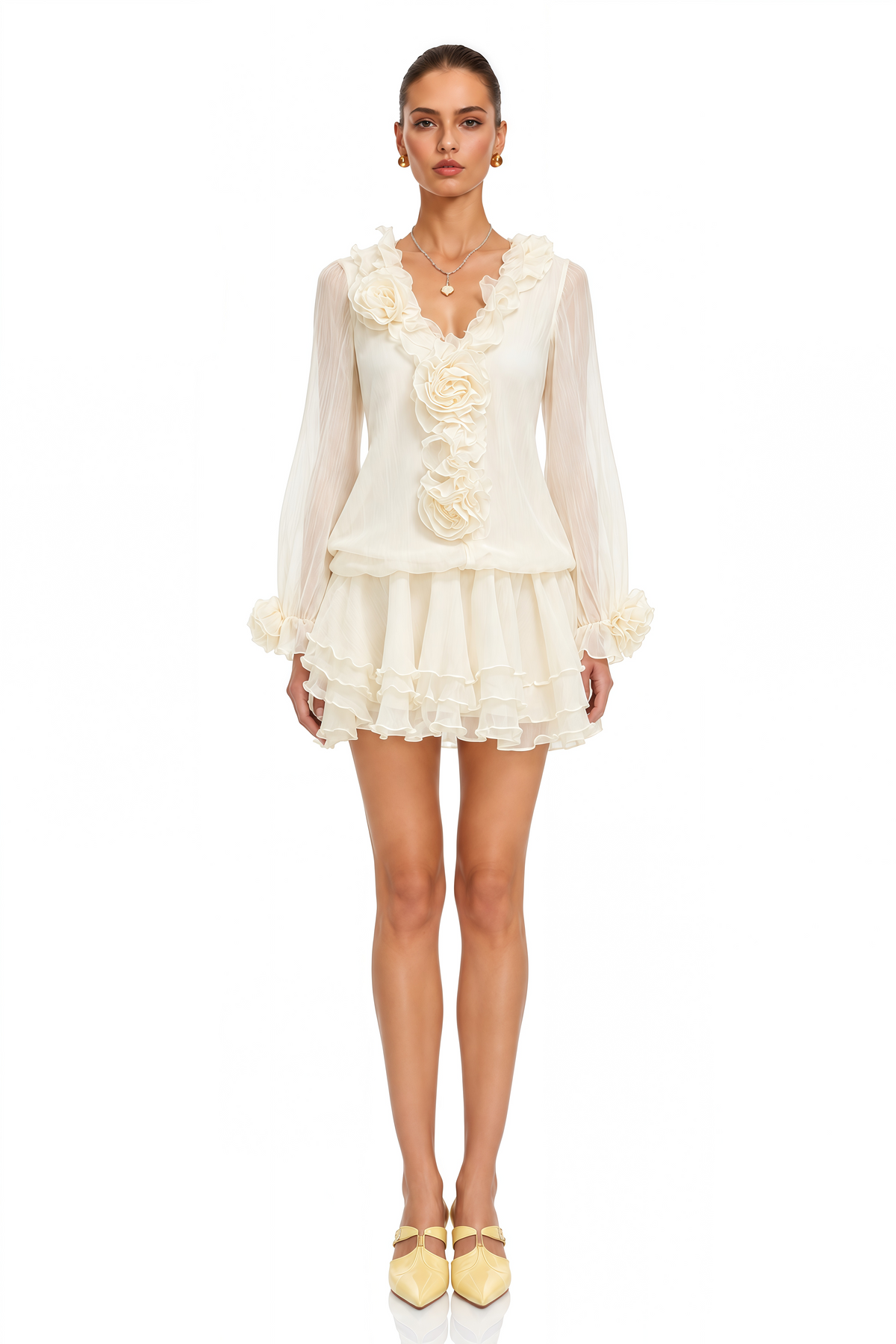 saleha neutral 3d floral ruffled mini dress