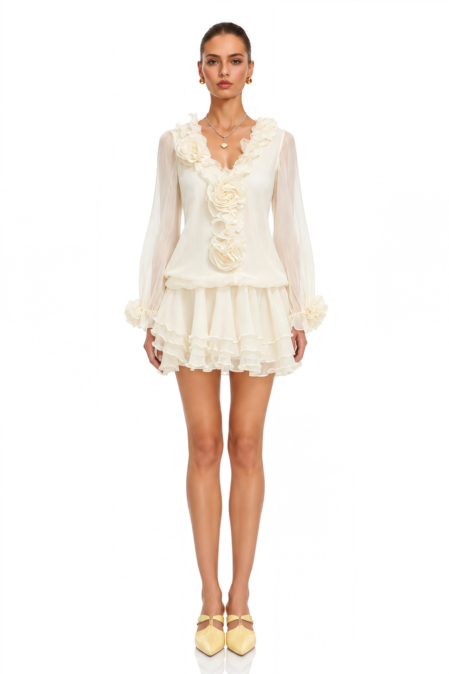 saleha neutral 3d floral ruffled mini dress