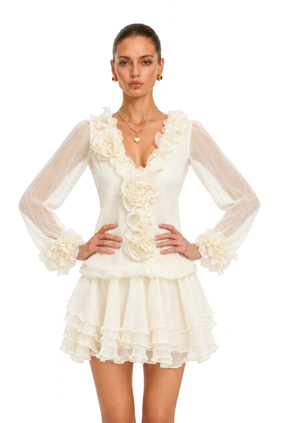 saleha neutral 3d floral ruffled mini dress