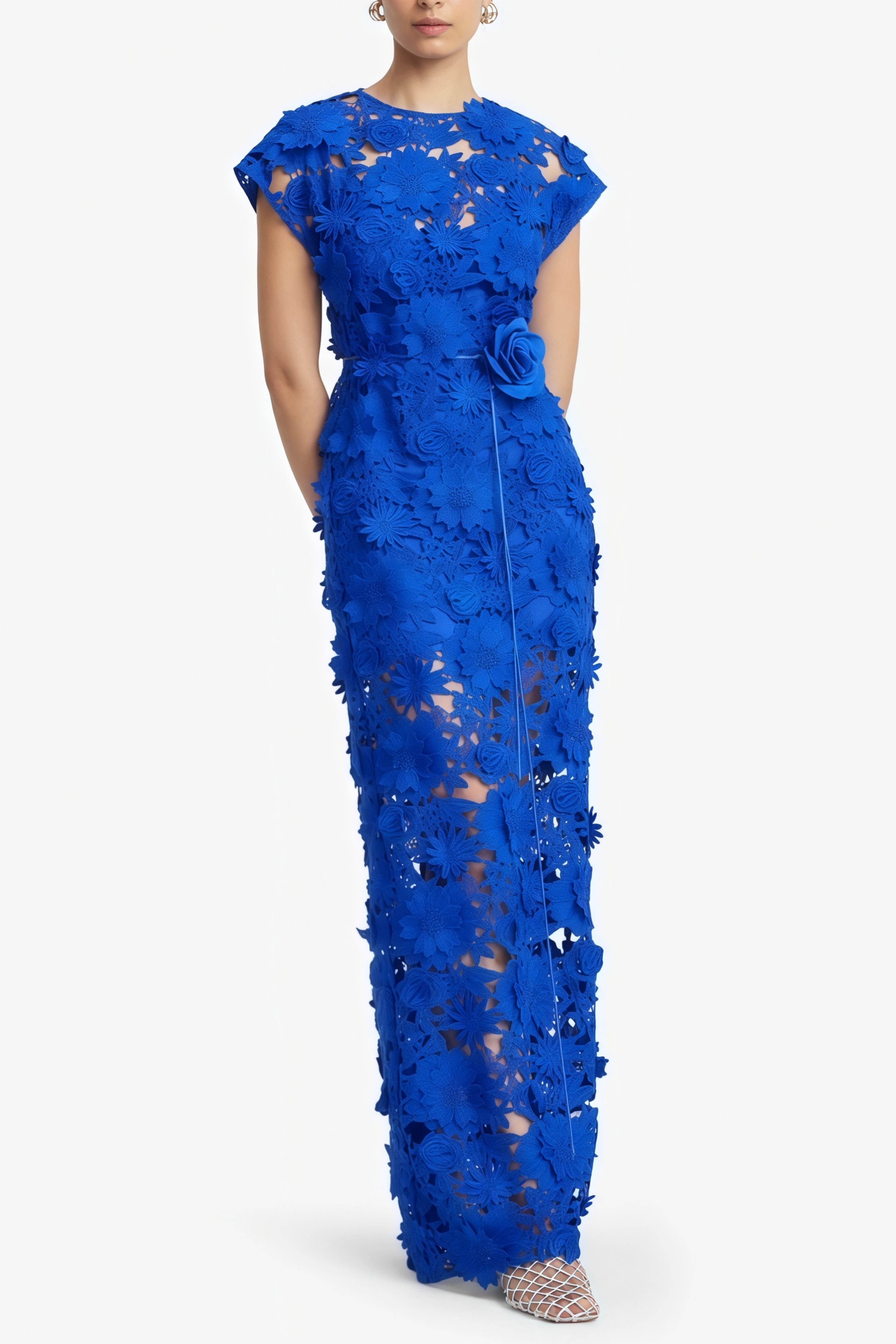 Jochebed Blue Floral Appliqué Maxi Dress with Cut-Outs (Final Sale-US Only)