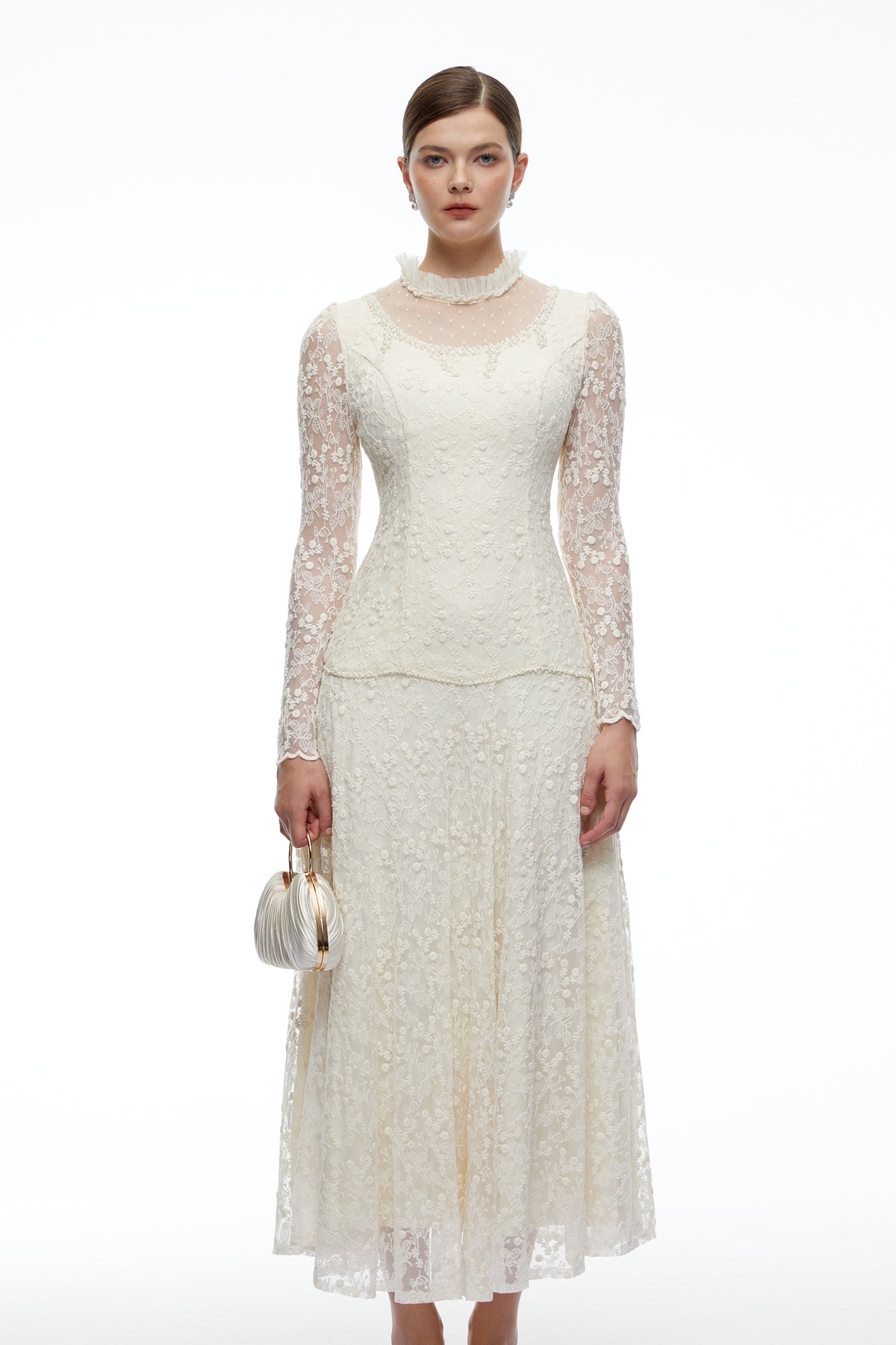 samantha cream high neck lace long sleeves top & skirt set