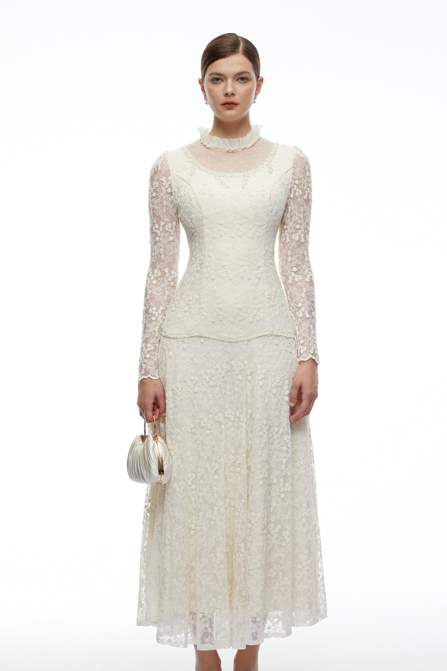 samantha cream high neck lace long sleeves top & skirt set