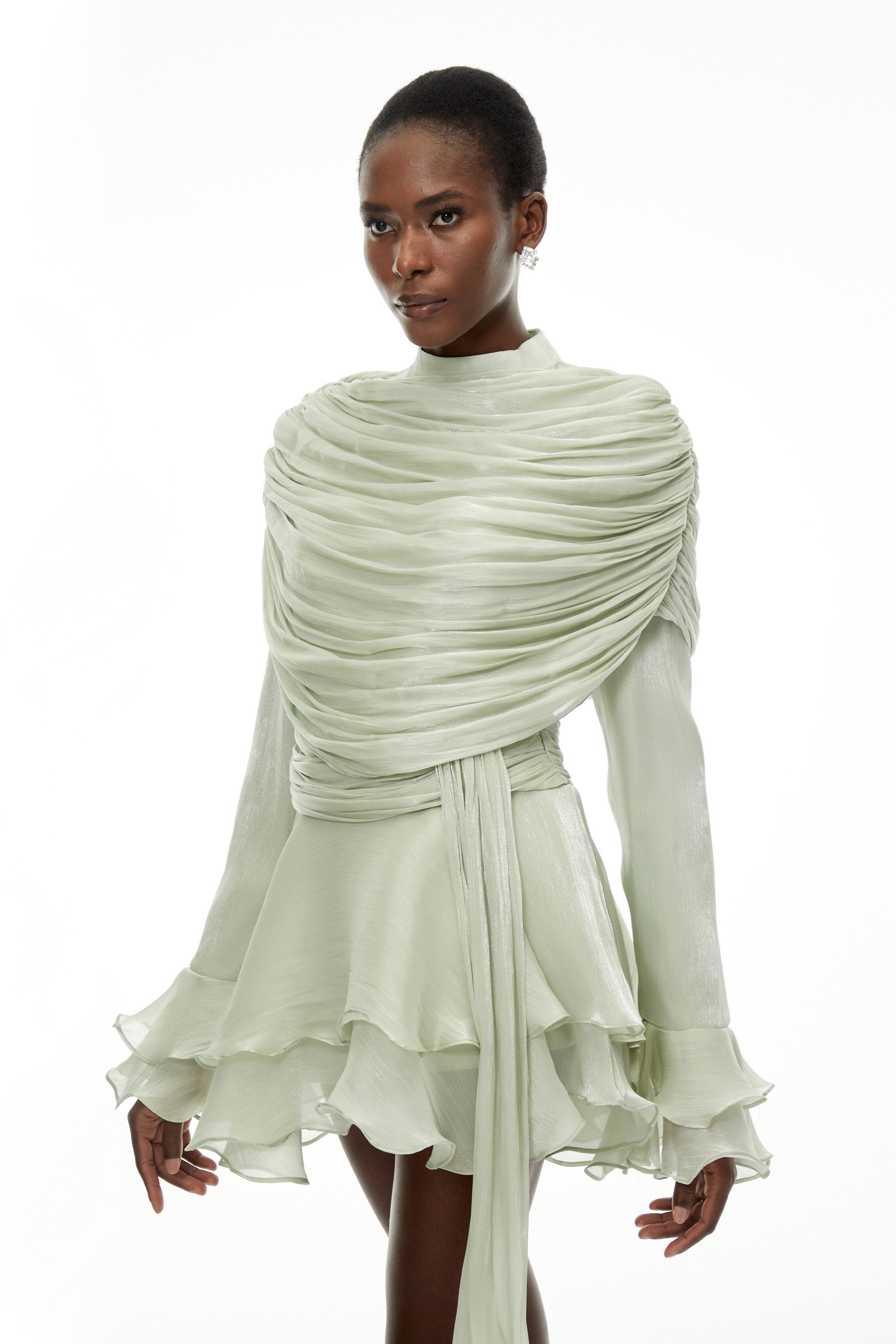Samira Sage Green Ruffled Ruched Mini Dress with Ribbon Samira Sage Green Ruffled Ruched Mini Dress with Ribbon