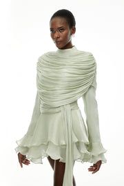Samira Sage Green Ruffled Ruched Mini Dress with Ribbon
