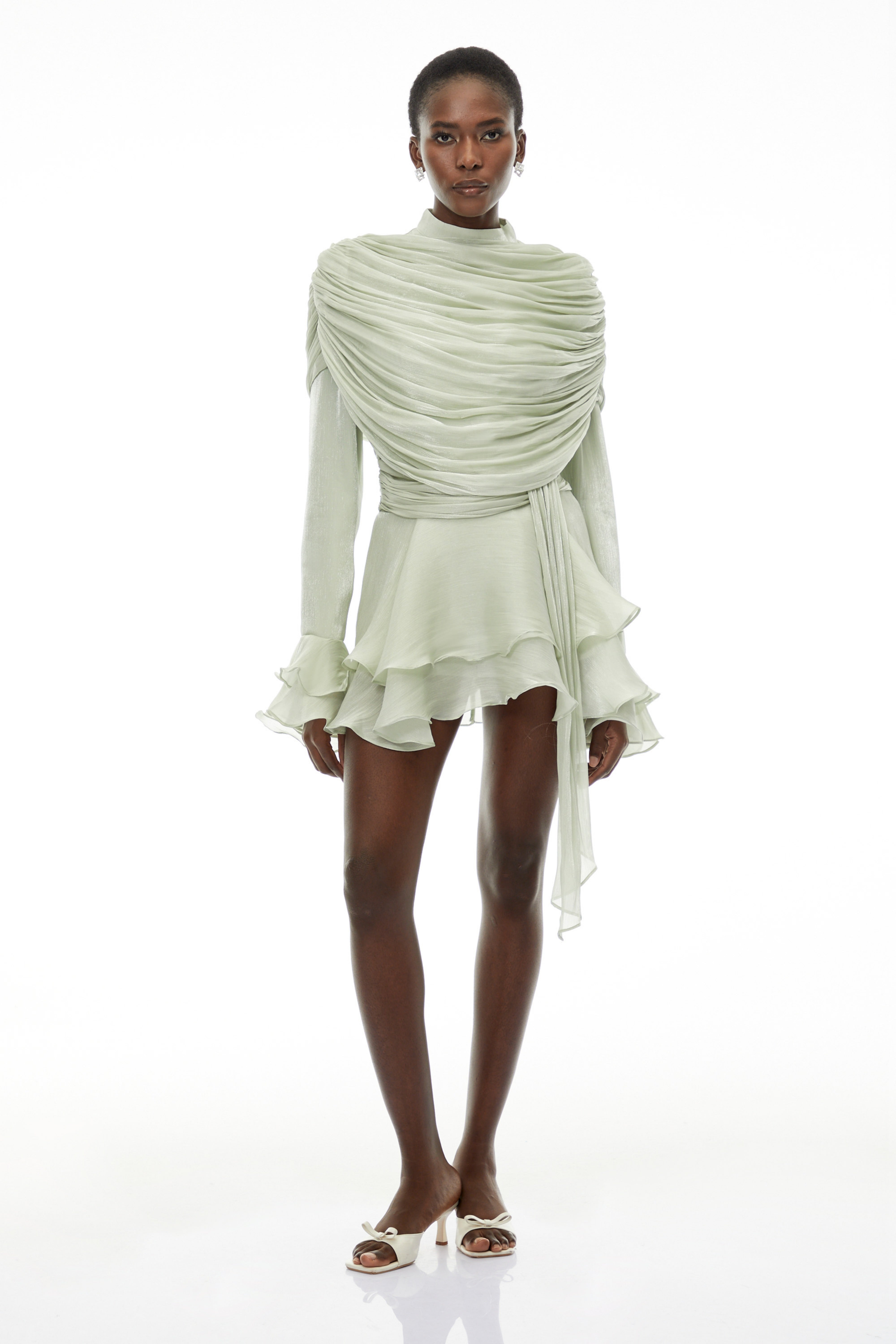 Samira Sage Green Ruffled Ruched Mini Dress with Ribbon