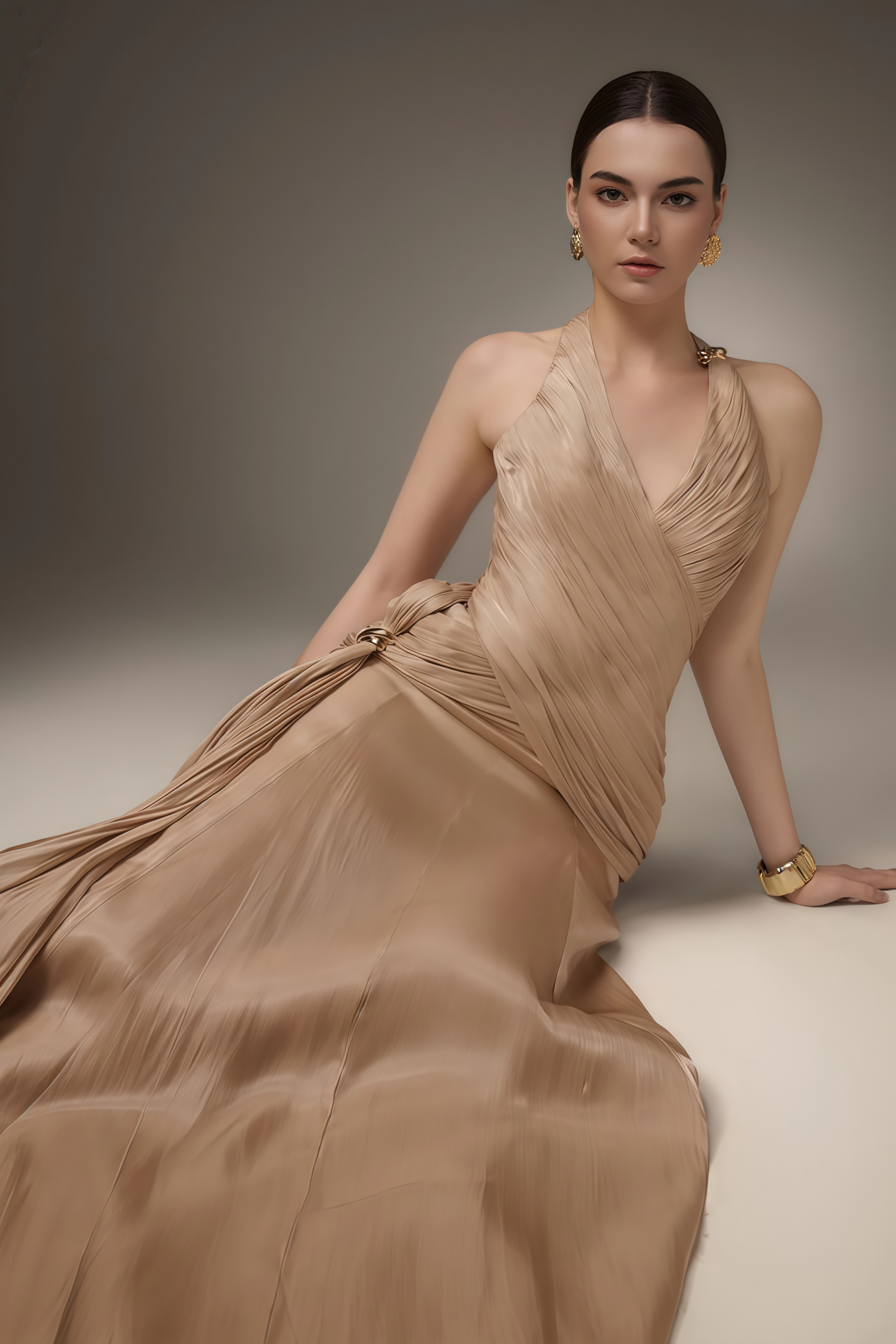 Sapir Bronze Halterneck Satin Maxi Dress with Ribbon