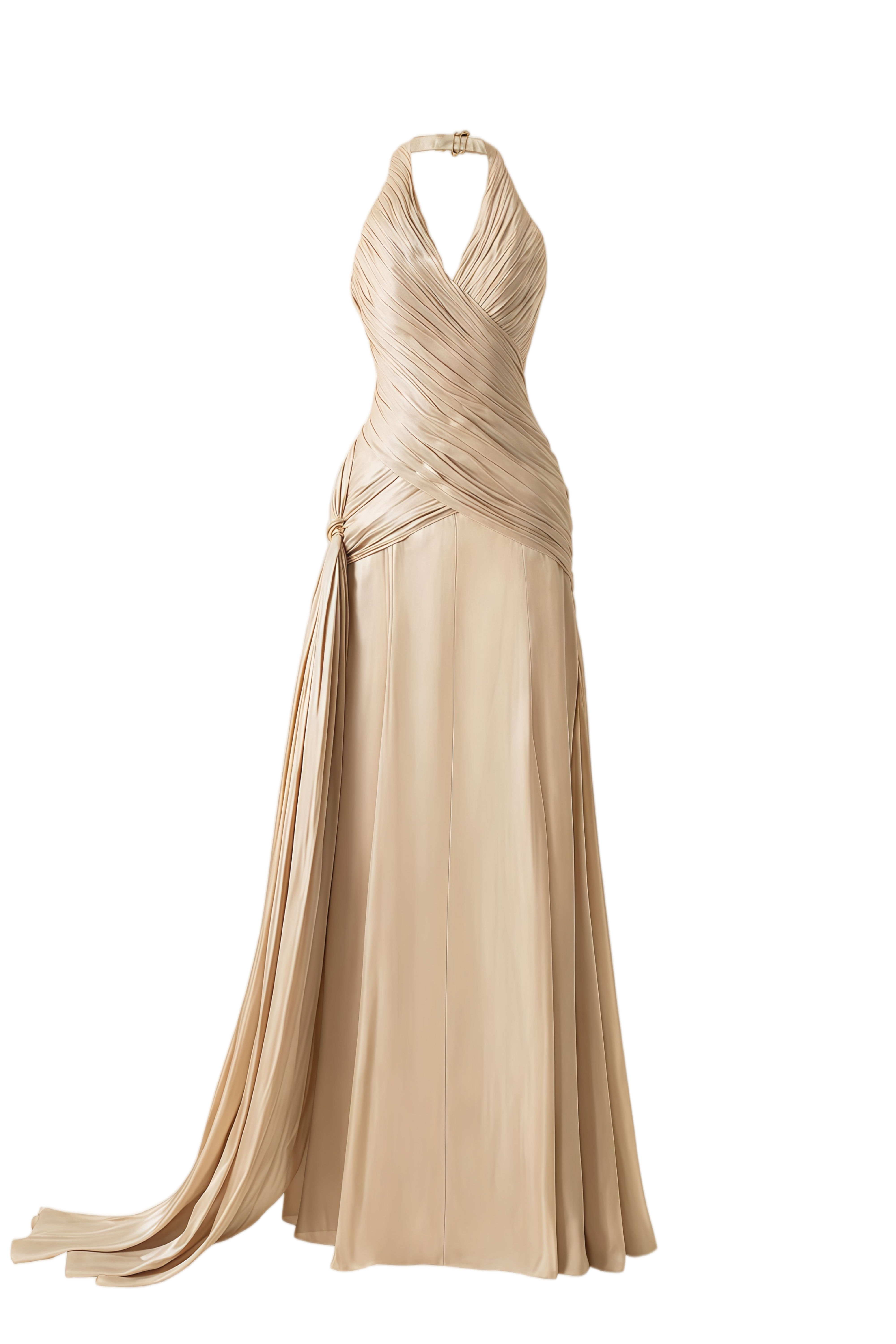Sapir Bronze Halterneck Satin Maxi Dress with Ribbon