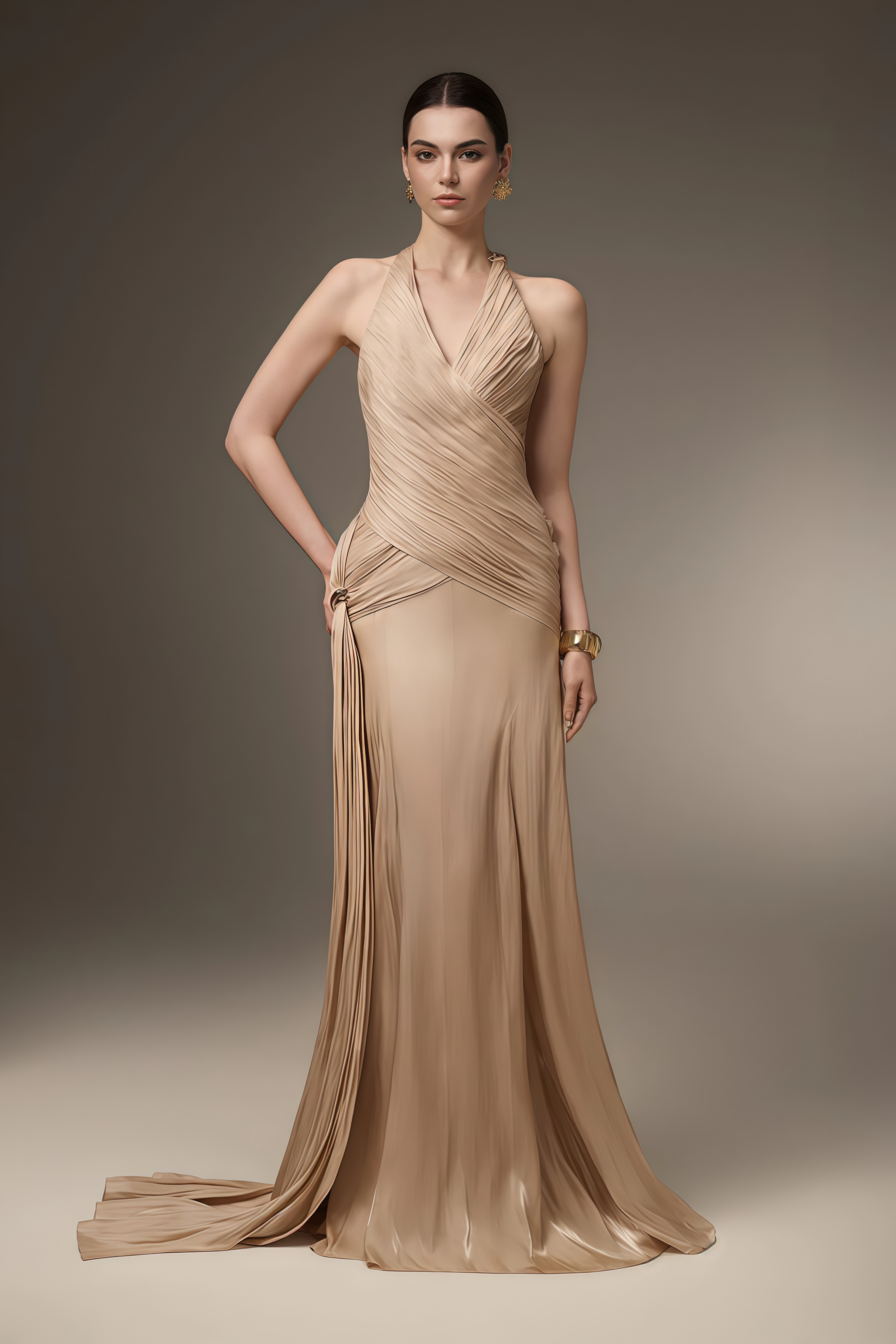 Sapir Bronze Halterneck Satin Maxi Dress with Ribbon