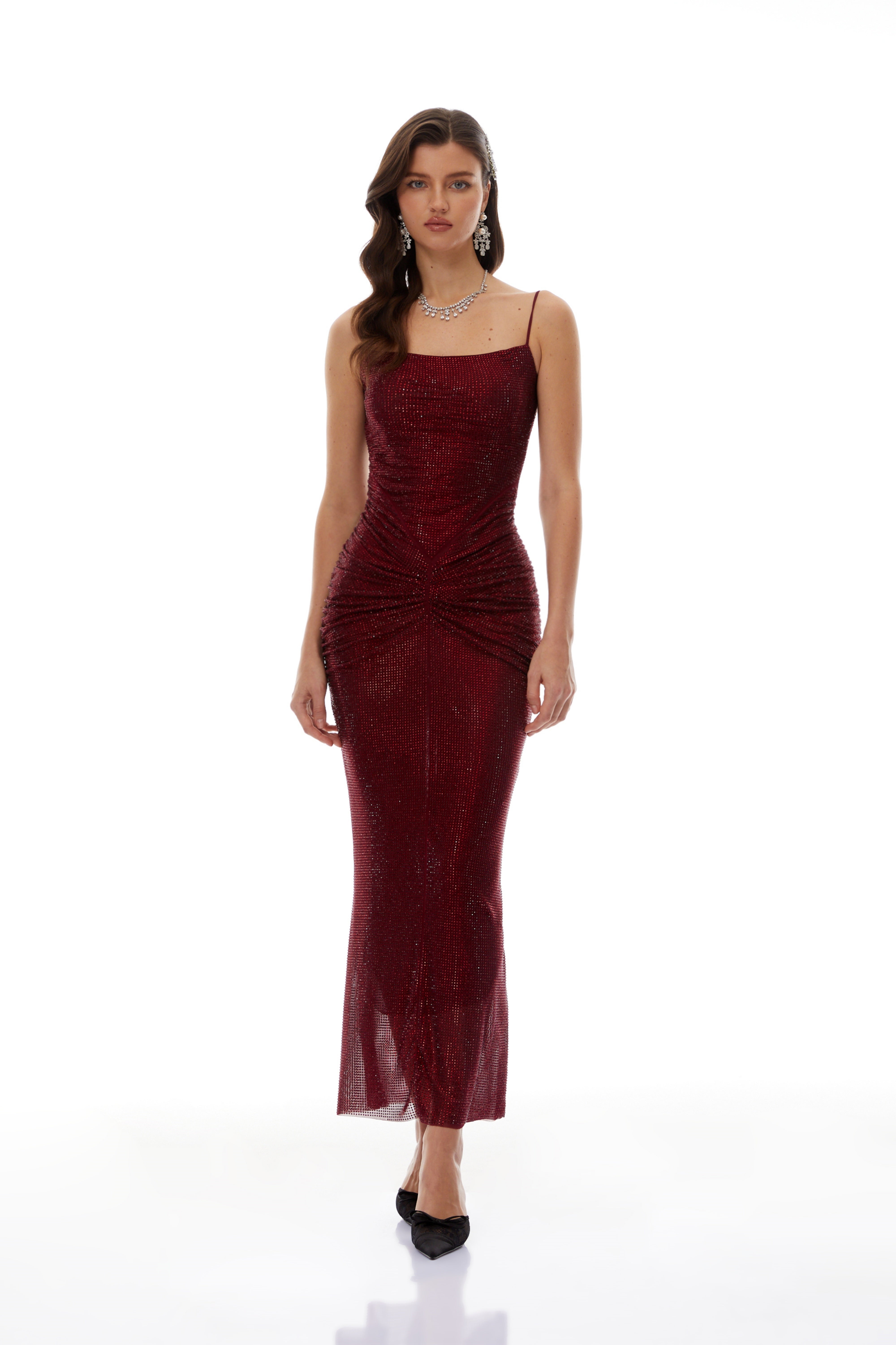 Sara Burgundy Rhinestone Ruched Maxi Gown (Final Sale)